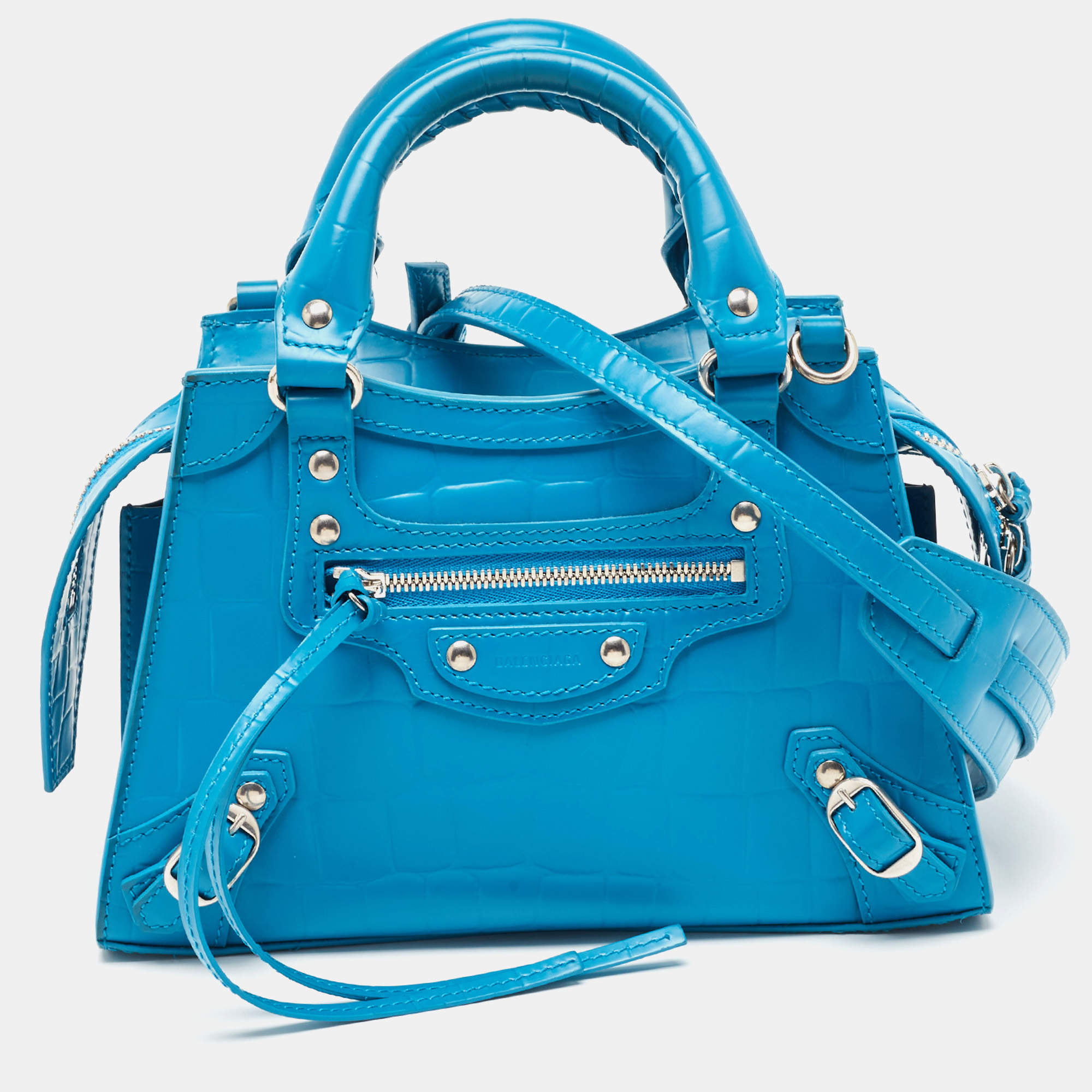 مملوكة مسبقًا Balenciaga Blue Croc Embossed Leather Mini Neo Classic Bag