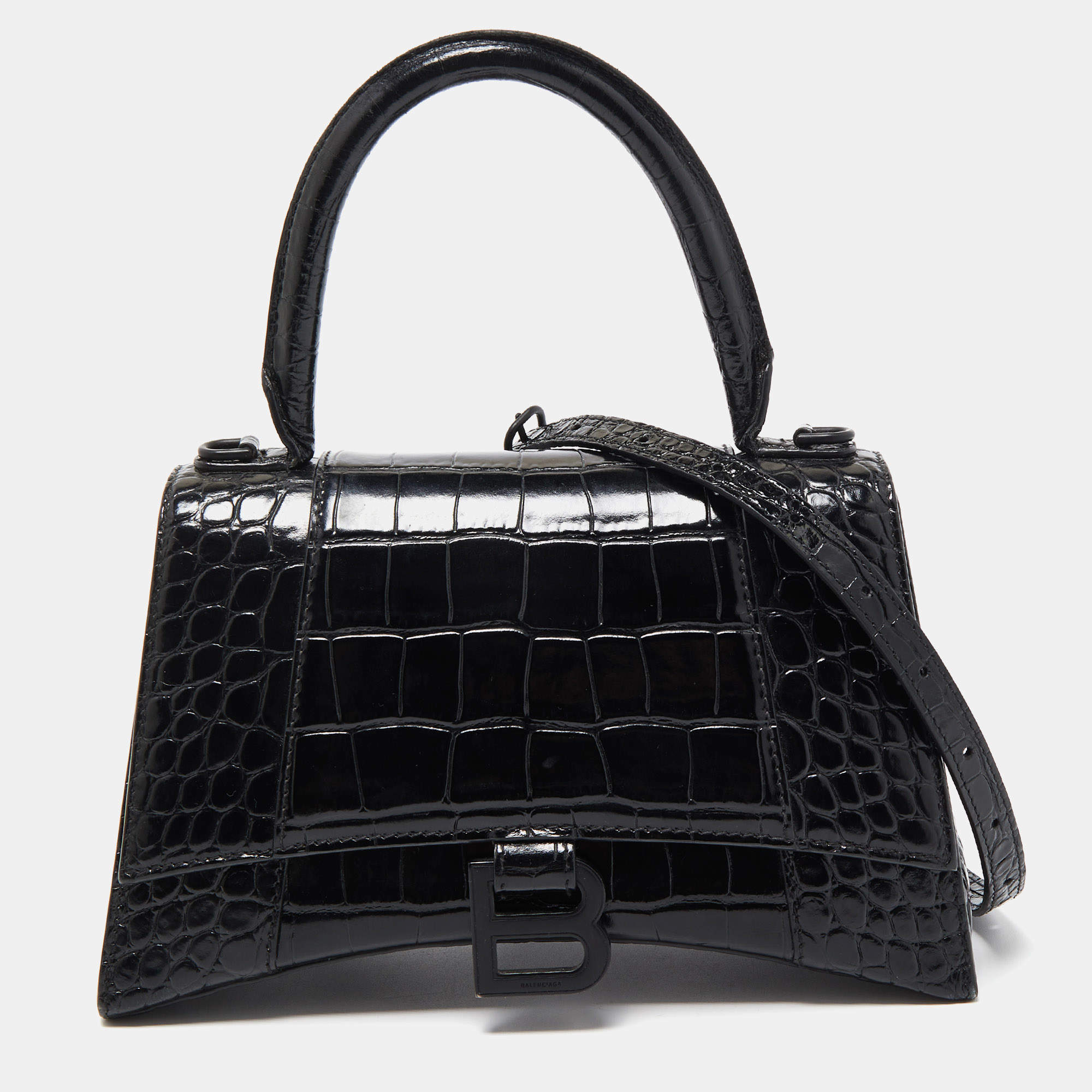 مملوكة مسبقًا Balenciaga Black Croc Embossed Leather Small Hourglass Top Handle Bag