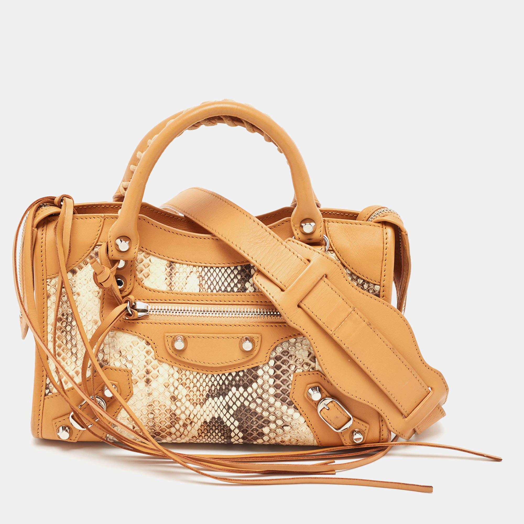مملوكة مسبقًا Balenciaga Tan/Beige Leather and Python Mini Classic City Bag
