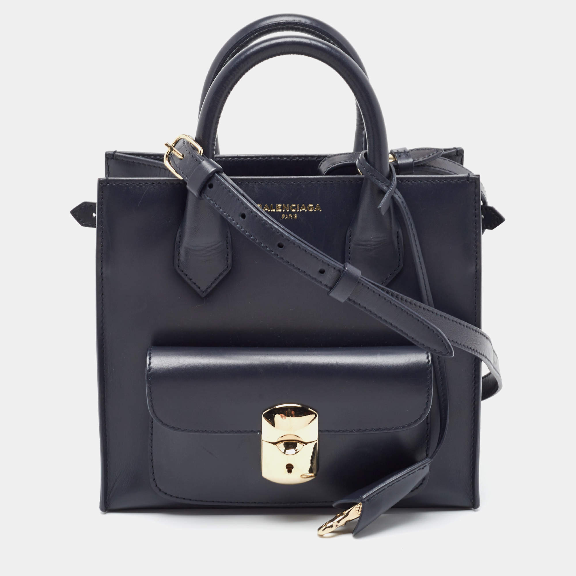Pre Owned Balenciaga Navy Blue Leather Mini Padlock All Afternoon Tote