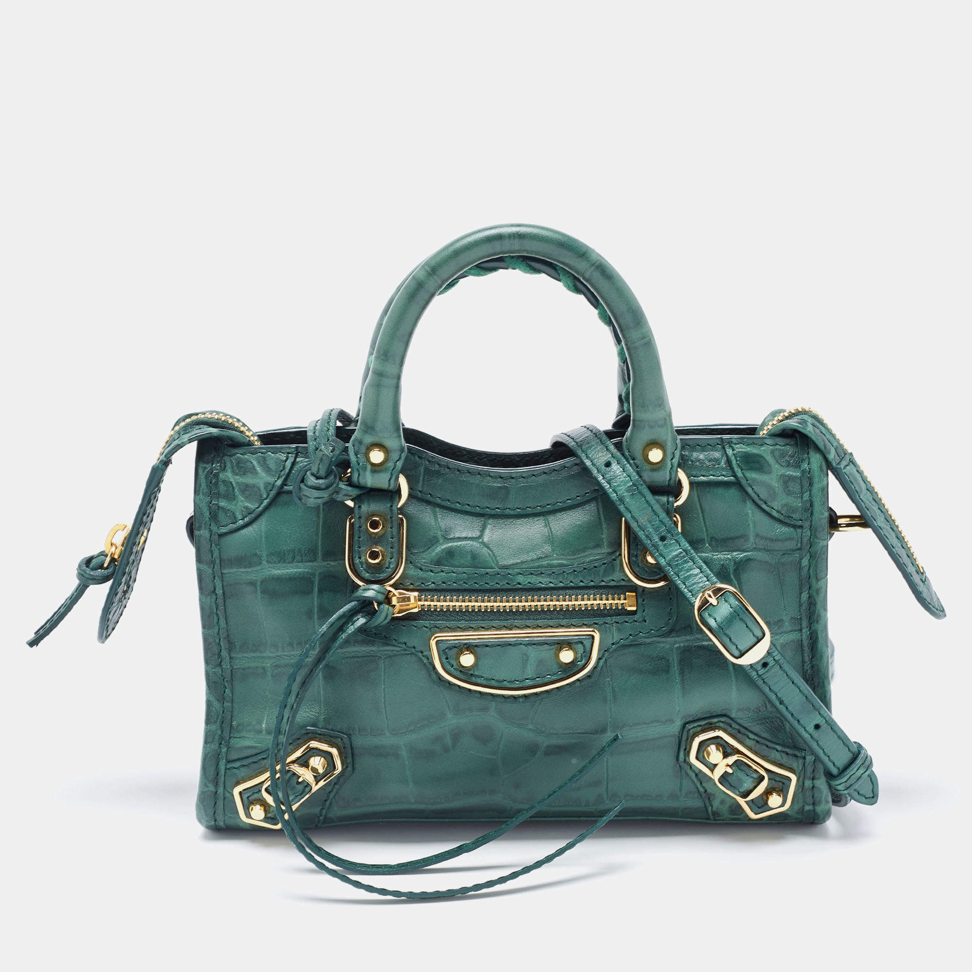 Pre Owned حقيبة يد توتس بالنسياغا سيتي جلد نقشة التمساح رصاصي حافة ميتاليك صغيرة 