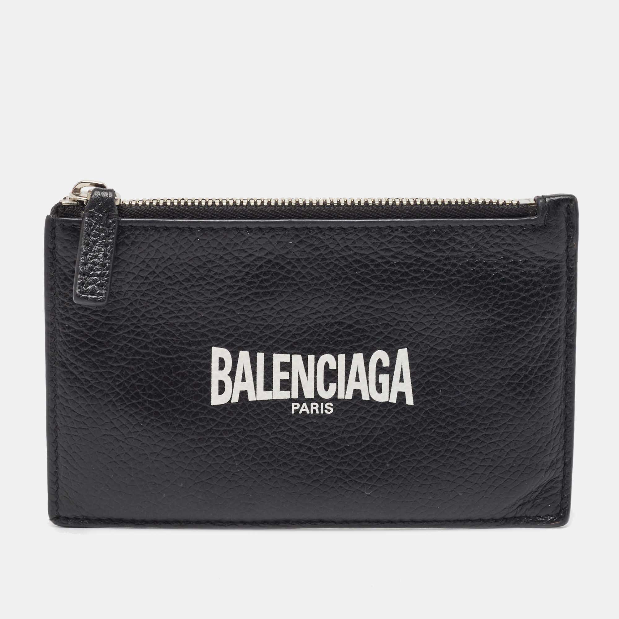 Pre Owned Balenciaga Black Leather Logo Zip Card Holder