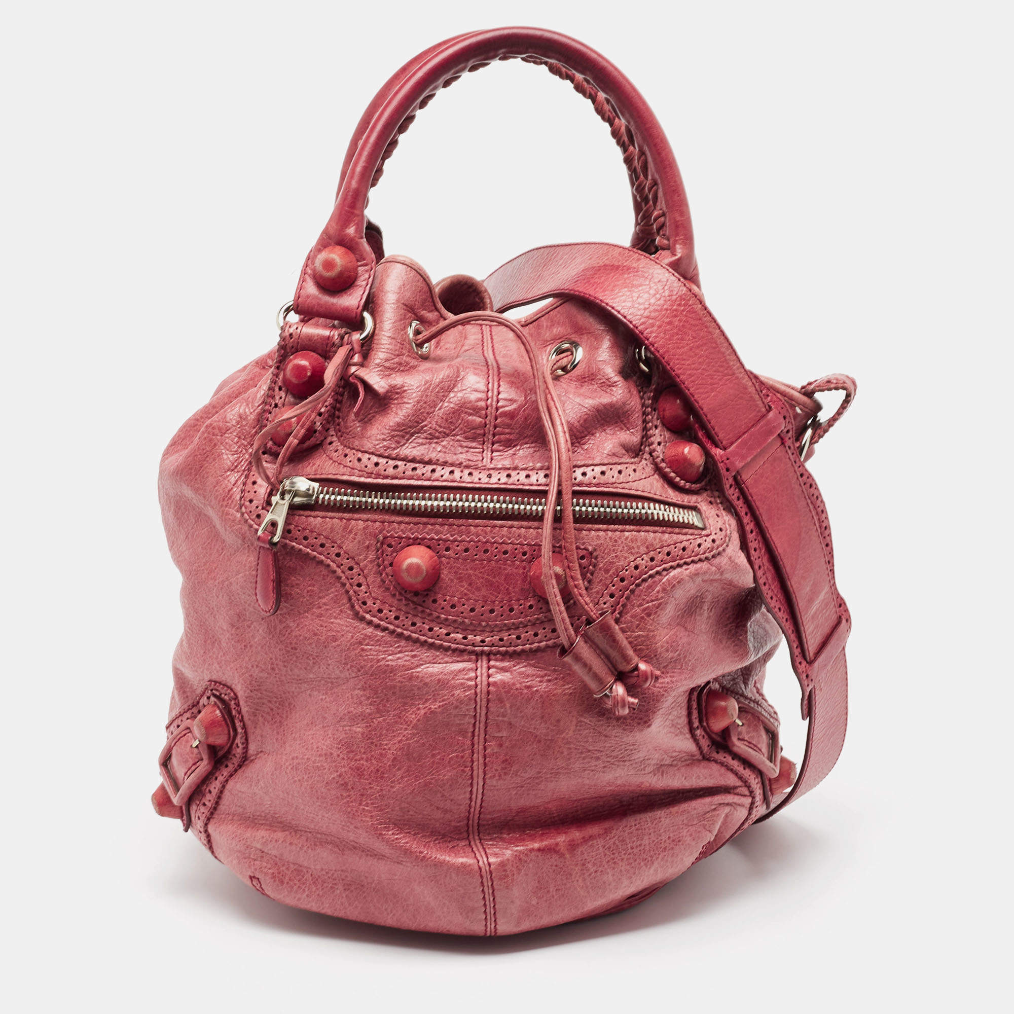 Balenciaga Red Leather Brogues Pompon Hobo