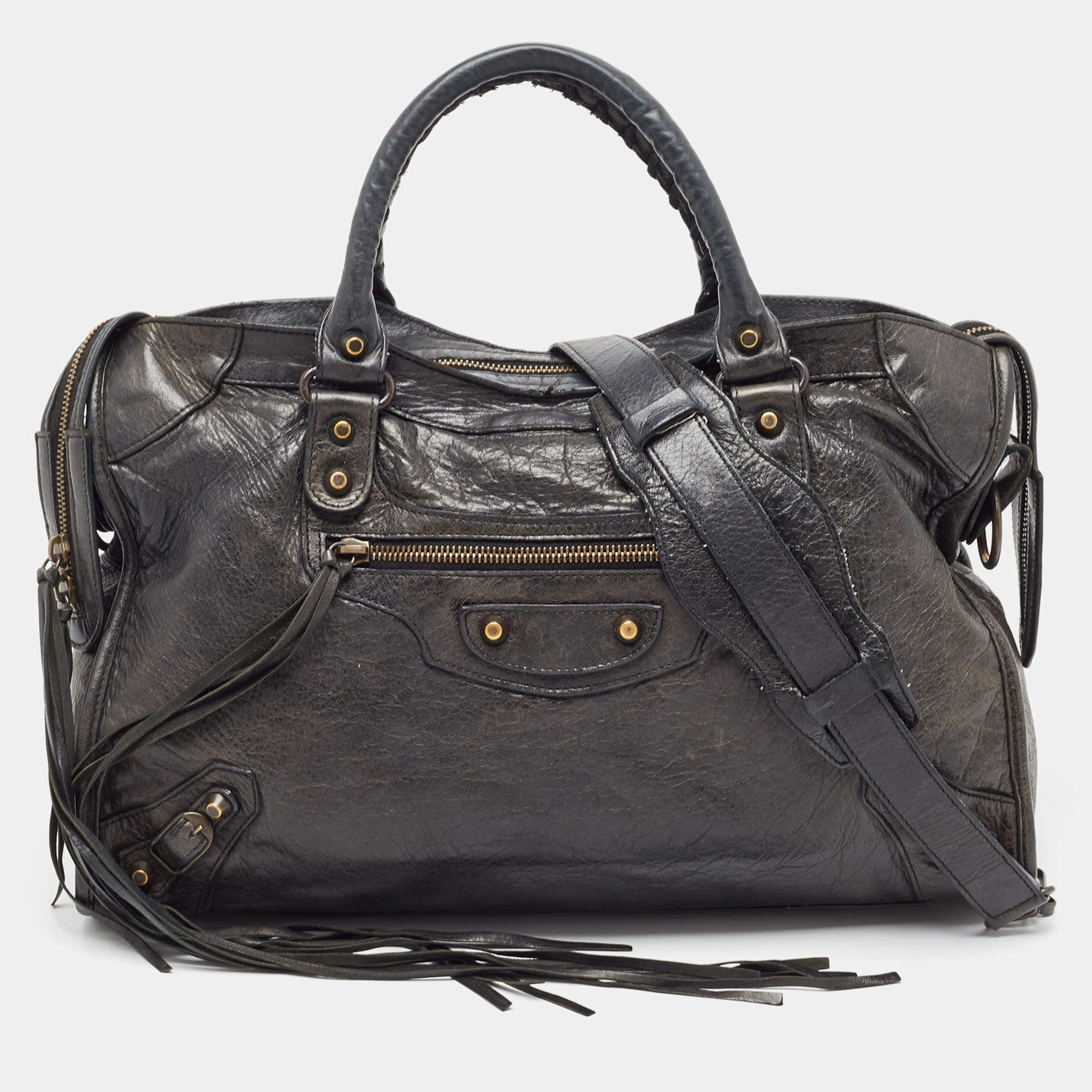 Pre Owned Balenciaga Black Lambskin Leather Giant 12 Gold Motorcycle City Bag