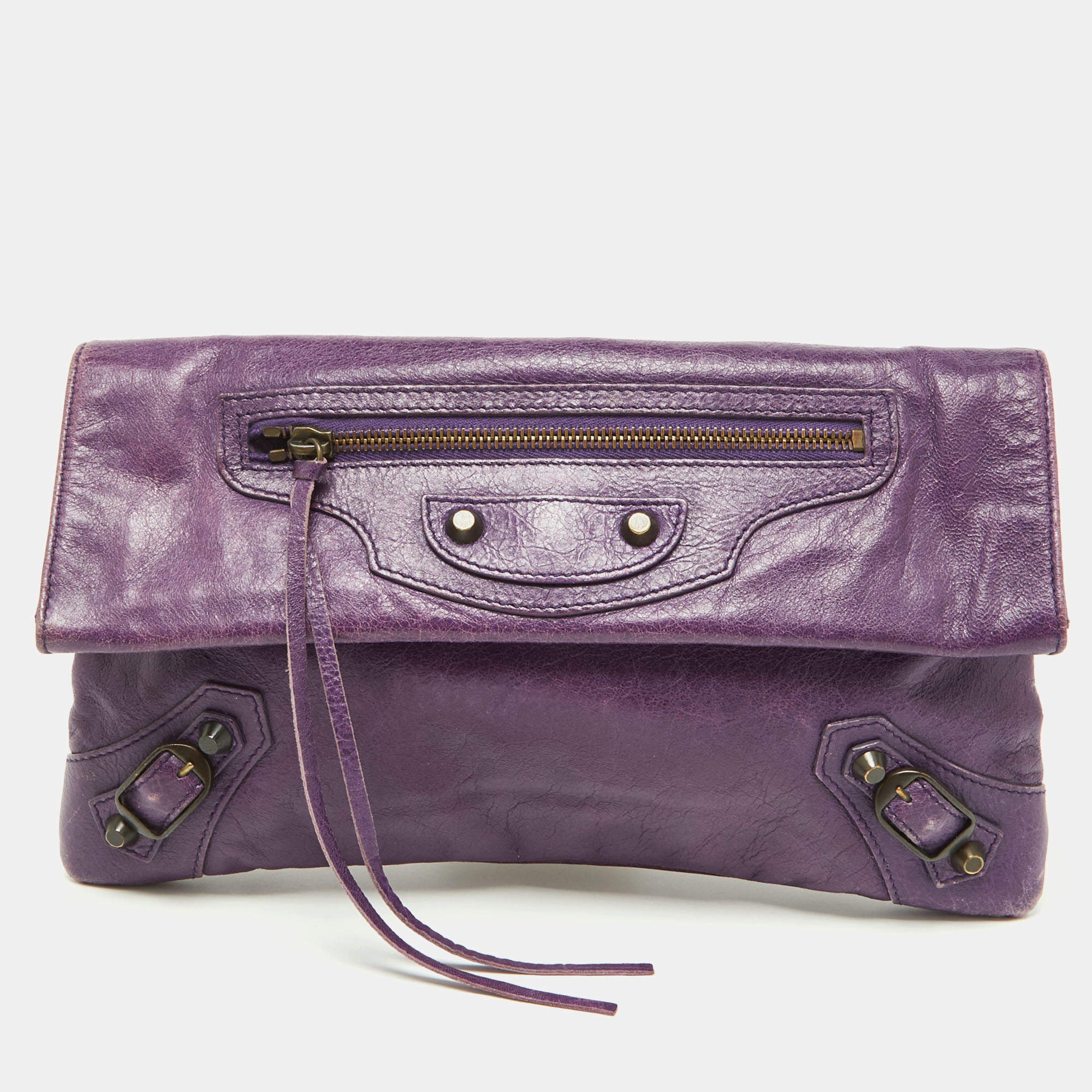 Pre Owned Balenciaga Purple Leather Classic Envelope Clutch