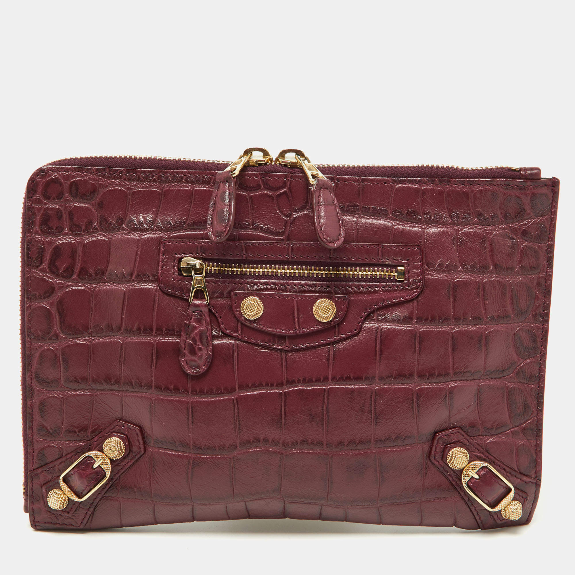 Pre Owned Balenciaga Bordeaux Croc Embossed Leather Zipper Clutch