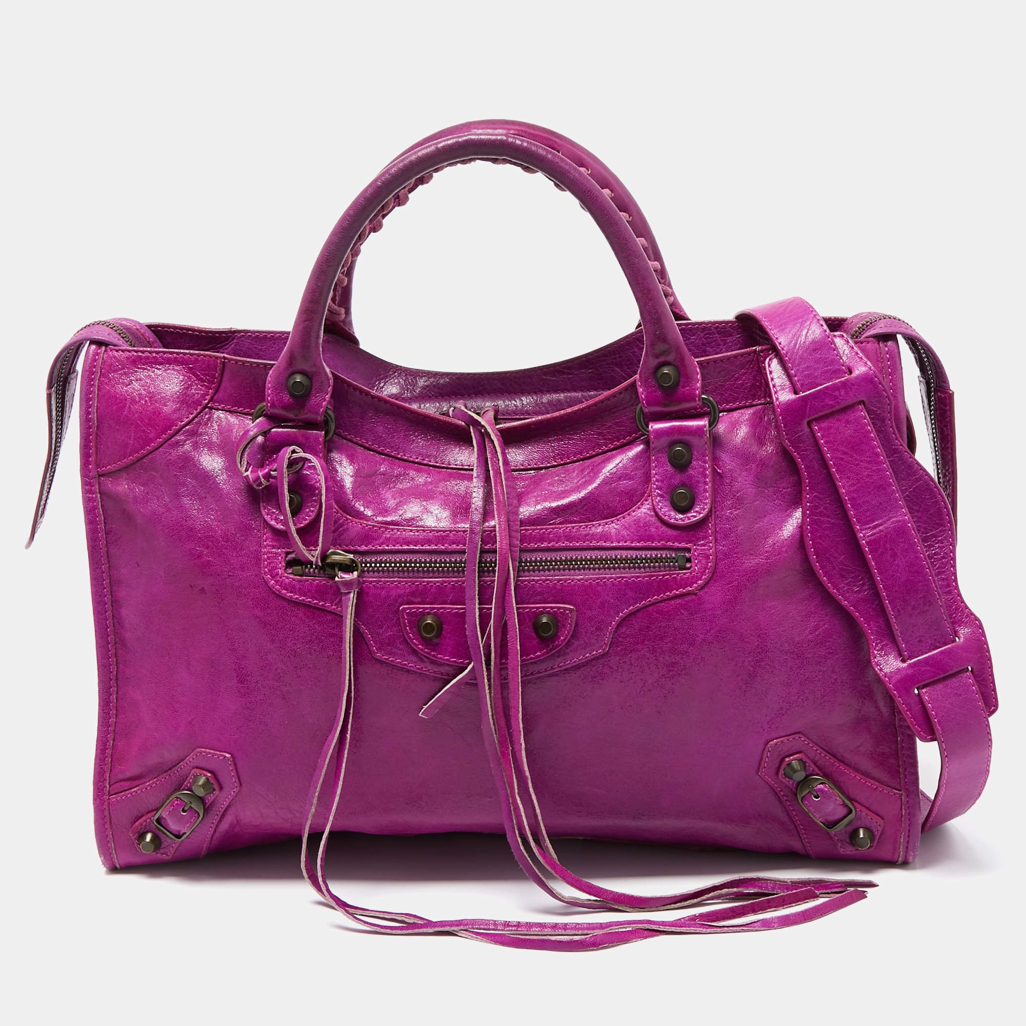 Pre Owned Balenciaga Purple Leather Motorcycle City Bag