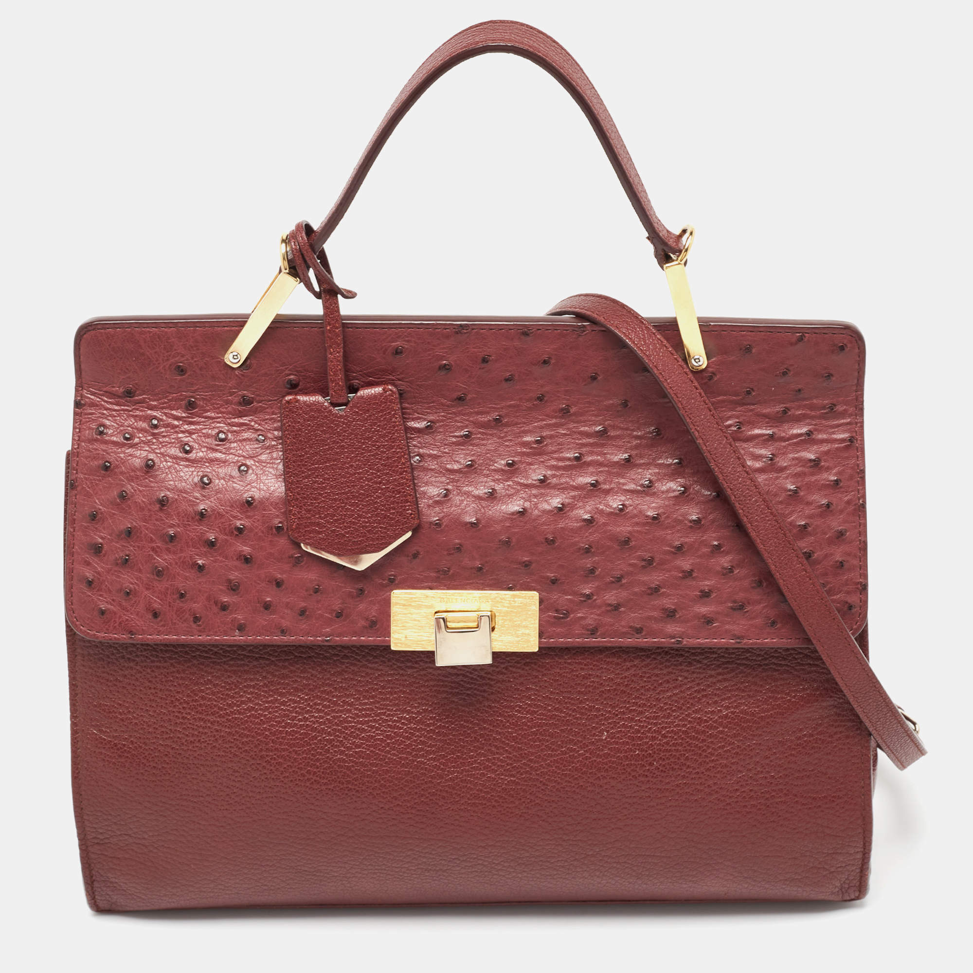 Pre Owned Balenciaga Burgundy Leather and Ostrich Le Dix Cartable Top Handle Bag