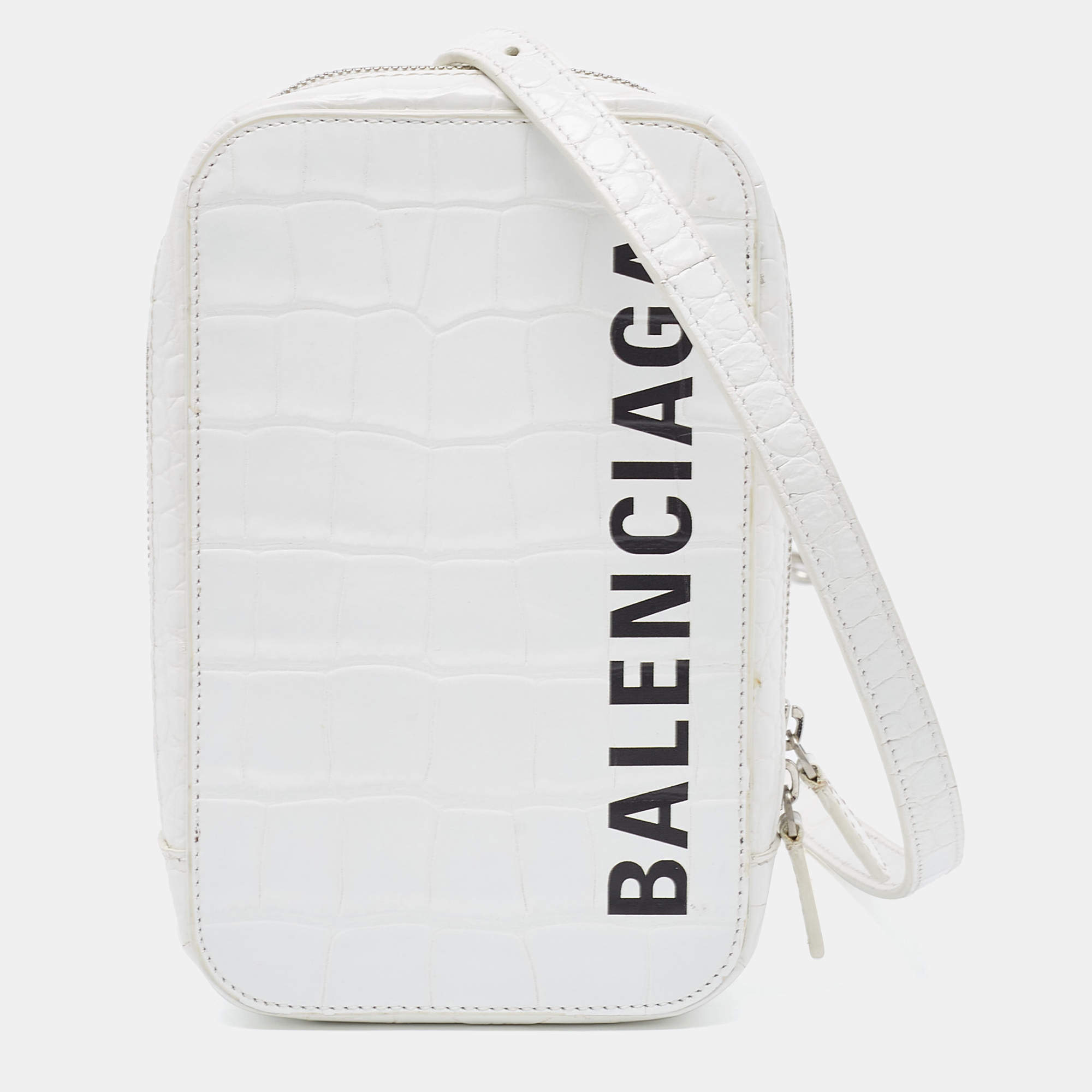Pre Owned Balenciaga White Croc Embossed Leather Cash Phone Holder Bag