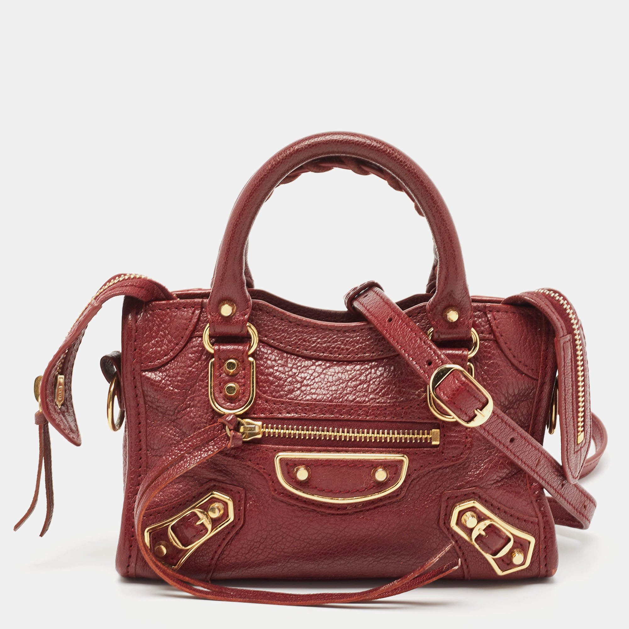 Pre Owned Balenciaga Dark Red Leather Nano Classic Metallic Edge City Crossbody Bag