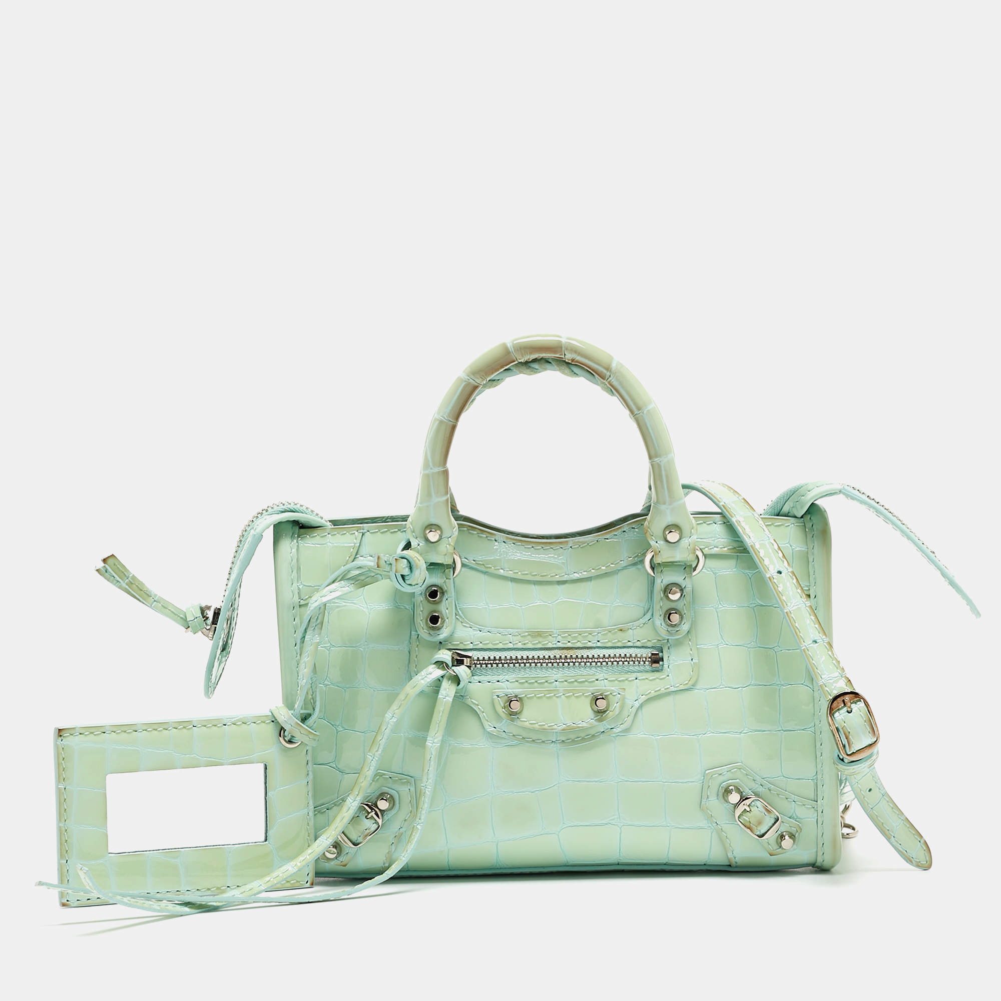 مملوكة مسبقًا Balenciaga Mint Green Croc Embossed Patent Leather Nano Classic City Tote