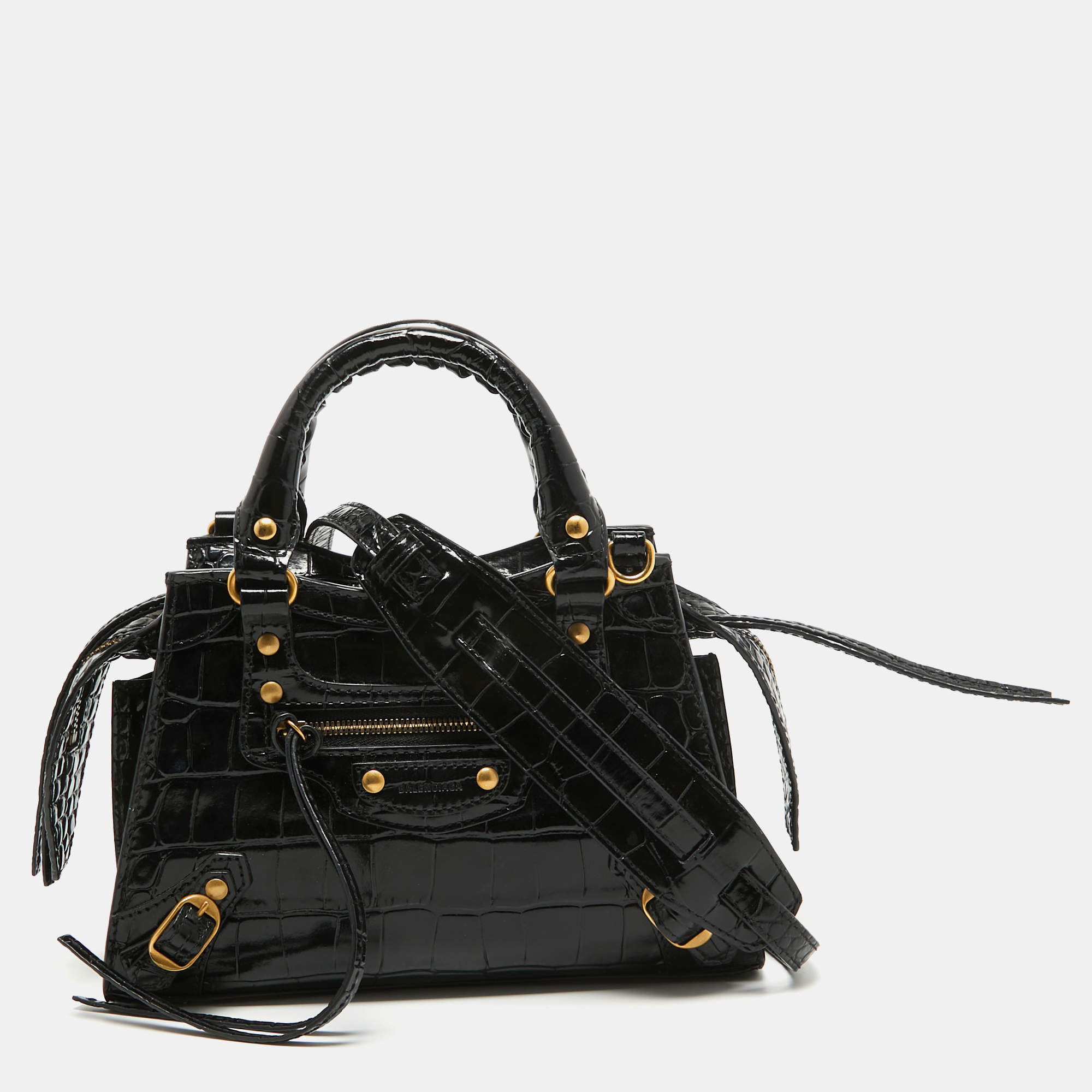 Pre Owned Balenciaga Black Croc Embossed Leather Mini Neo Classic Bag
