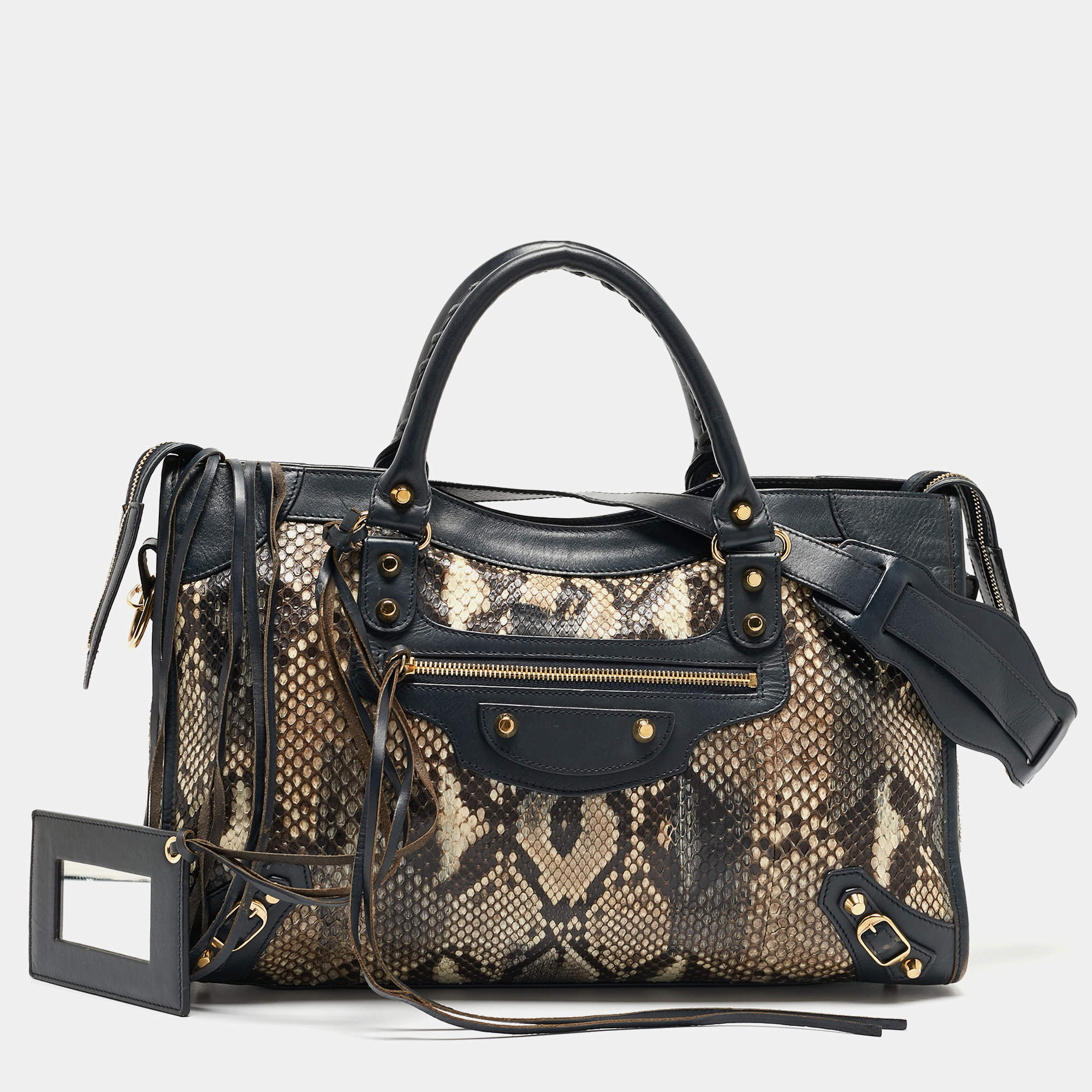 Pre Owned Balenciaga Navy Blue Leather and Python Medium Metallic Edge Classic City Bag