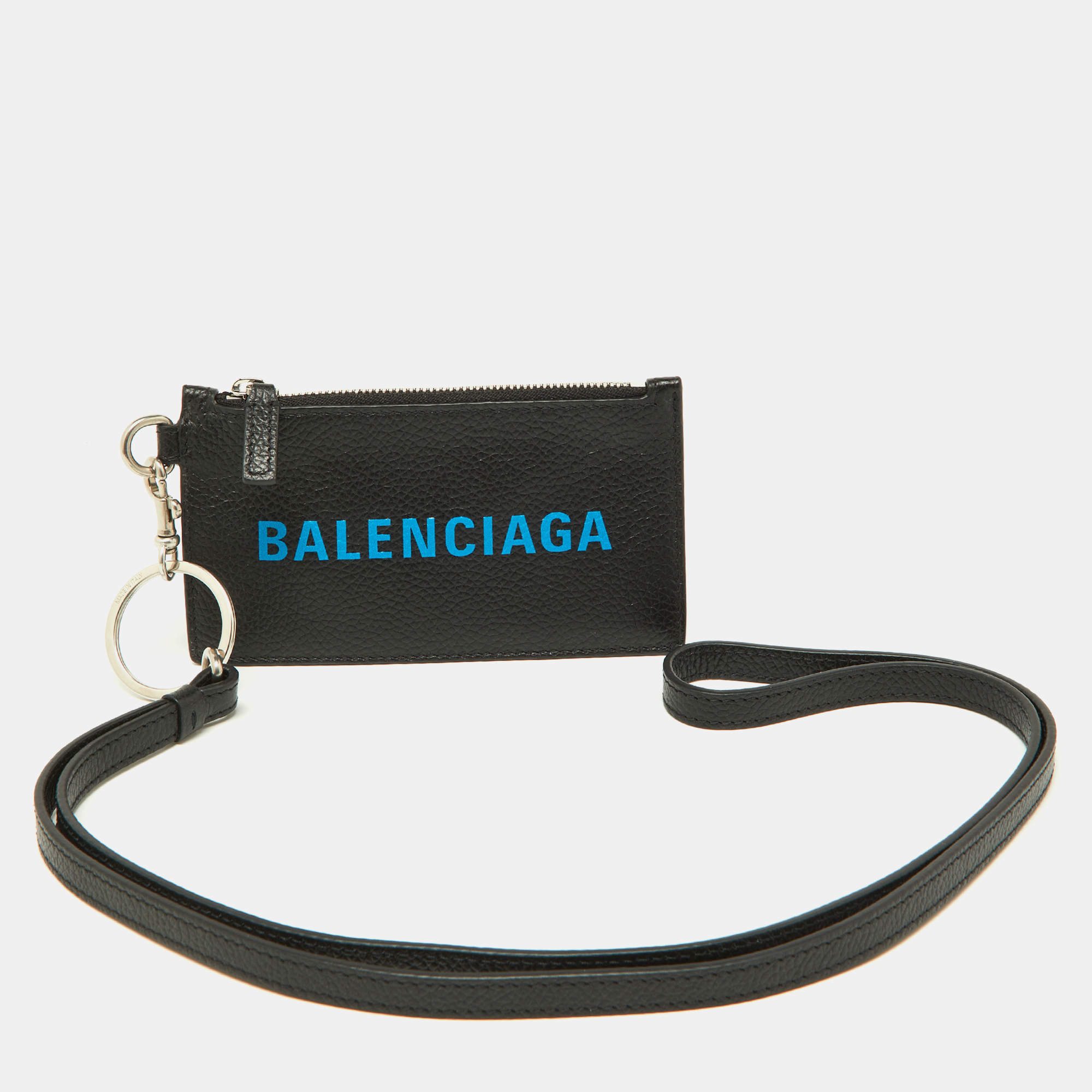 Pre Owned Balenciaga Black/Blue Leather Zip Card Holder with Strap