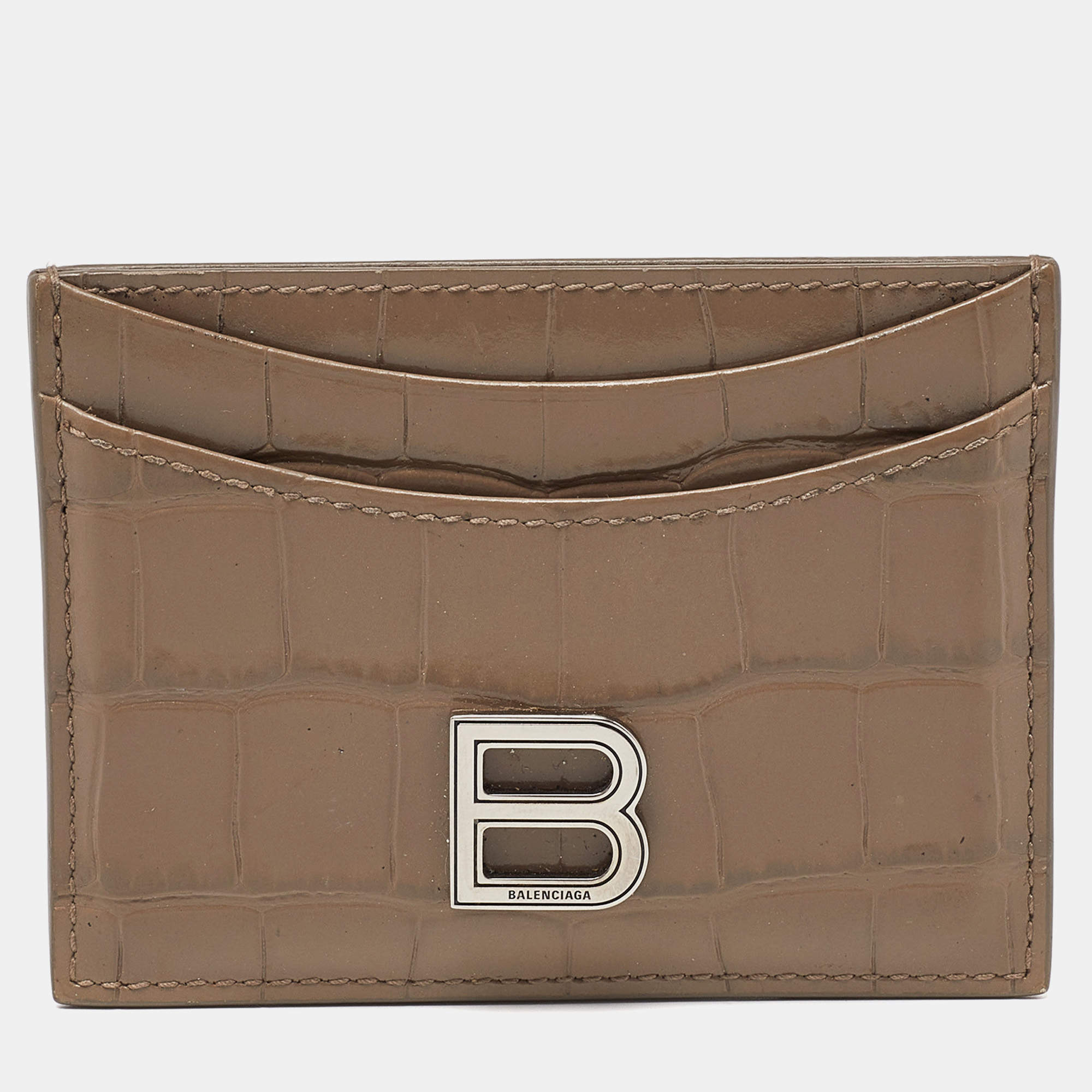 Pre Owned Balenciaga Beige Croc Embossed Leather Card Holder