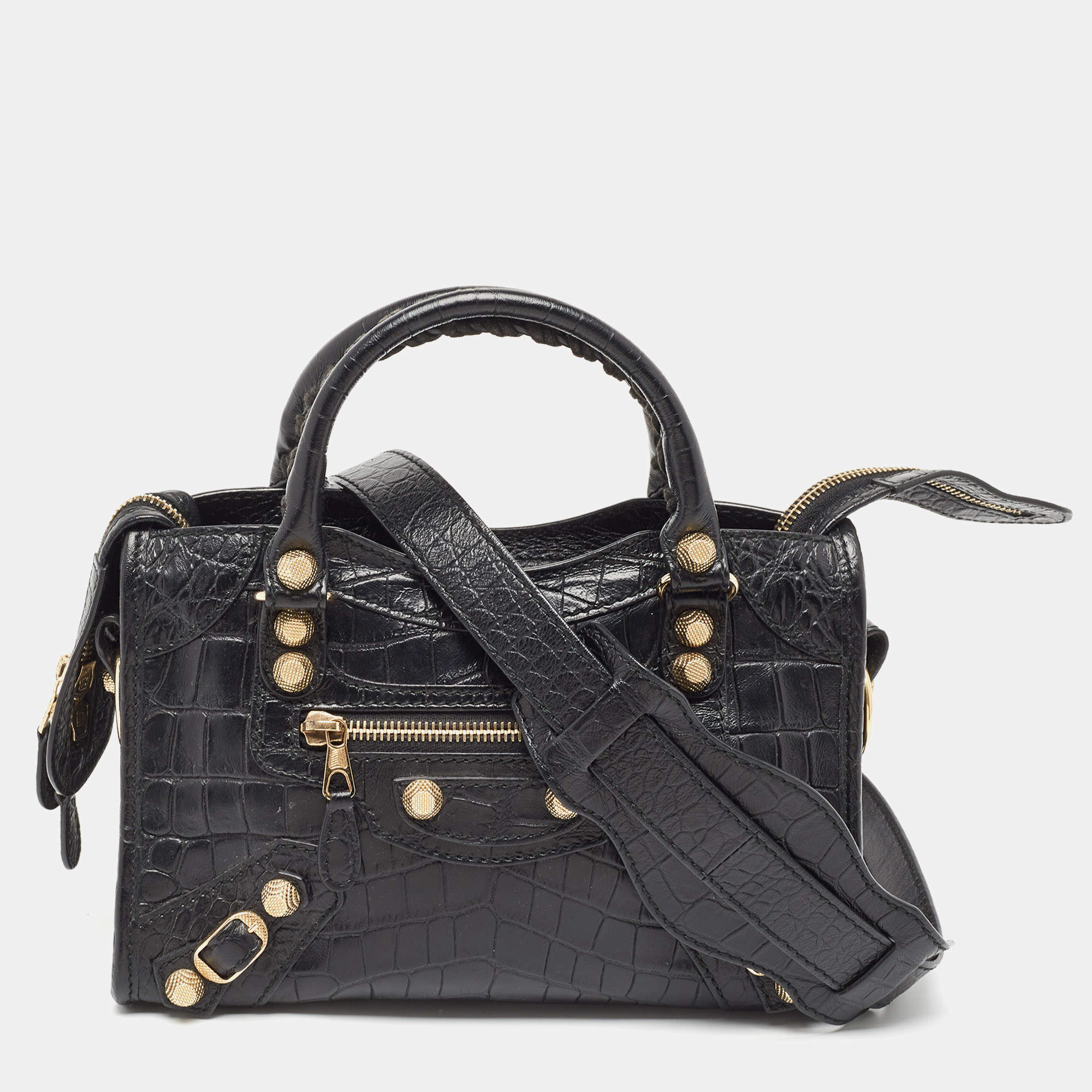 Pre Owned Balenciaga Black Croc Embossed Leather Mini RH Classic City Bag