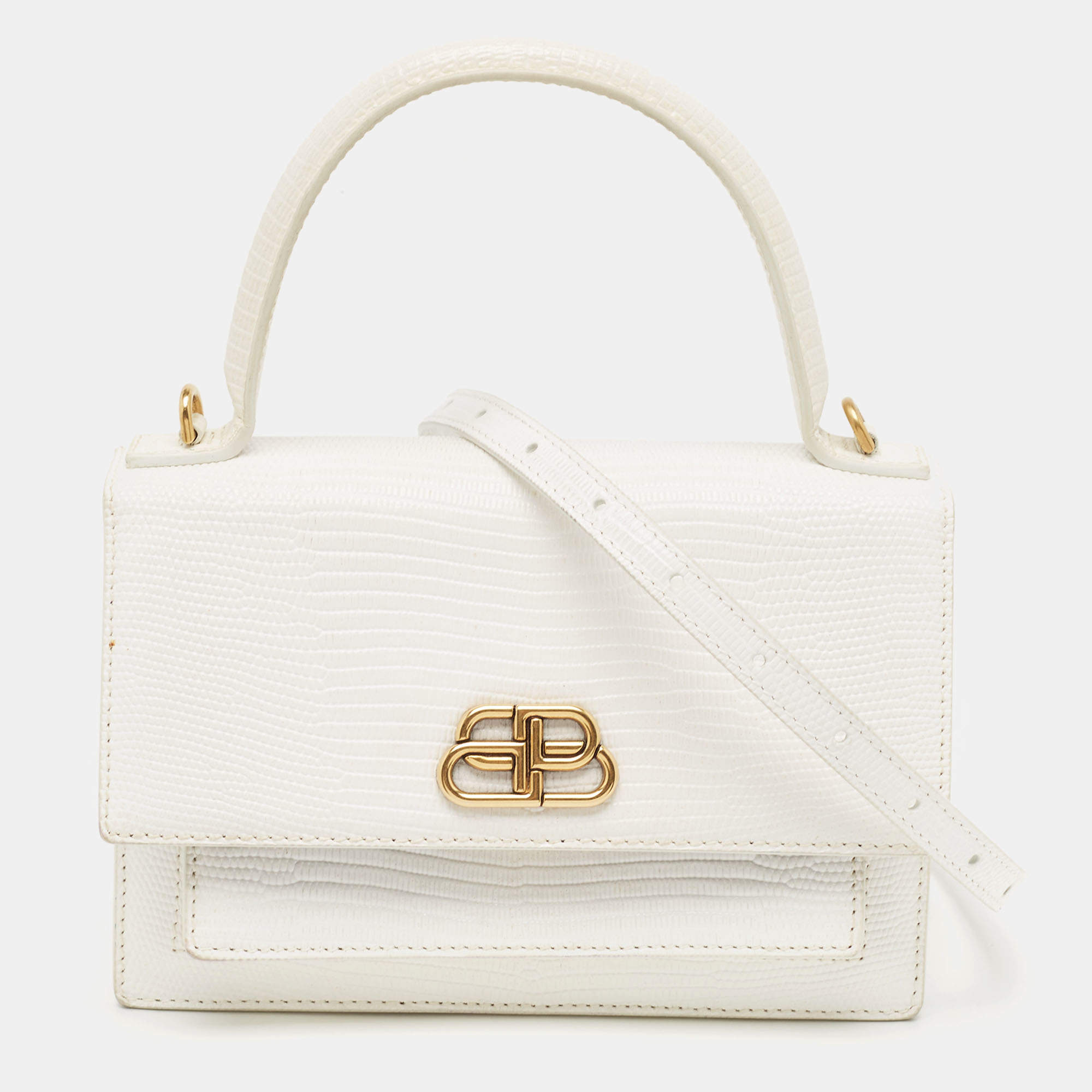 مملوكة مسبقًا Balenciaga White Lizard Embossed Leather XS Sharp Top Handle Bag