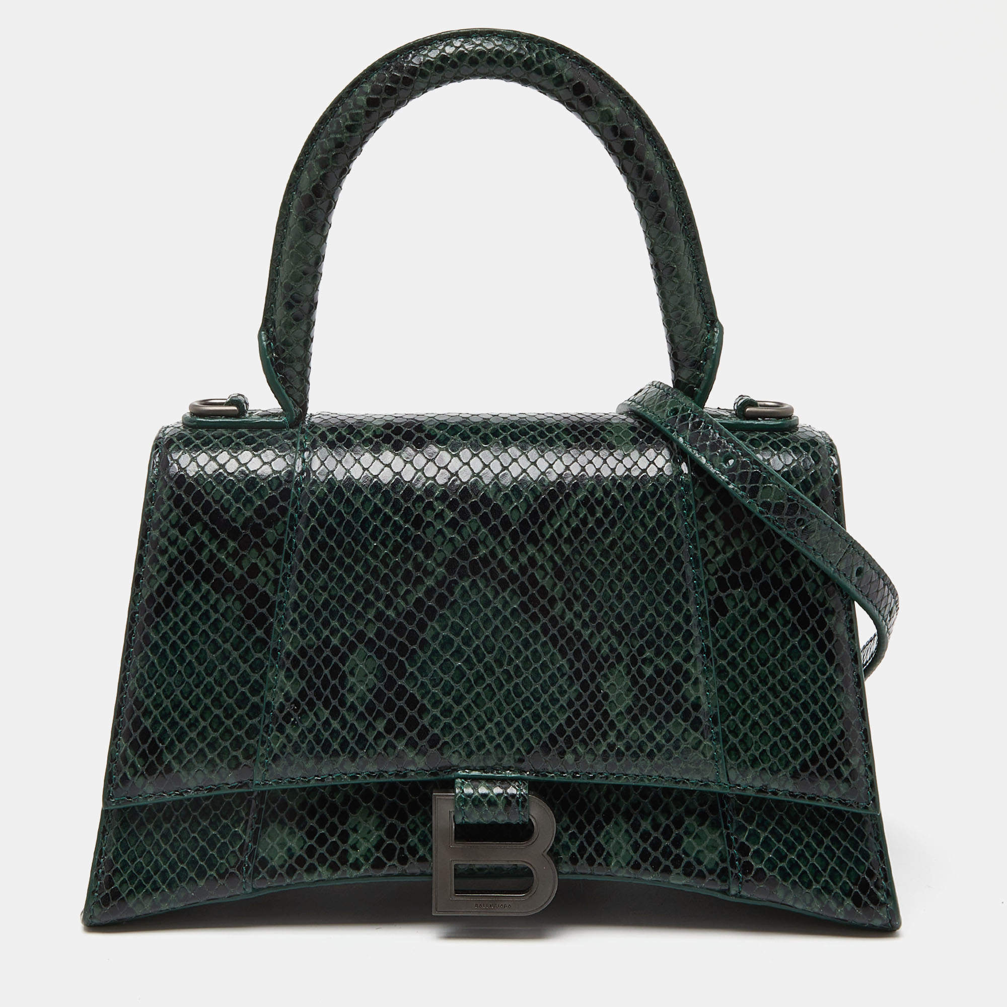 مملوكة مسبقًا Balenciaga Green Snakeskin Embossed Leather Small Hourglass Top Handle Bag