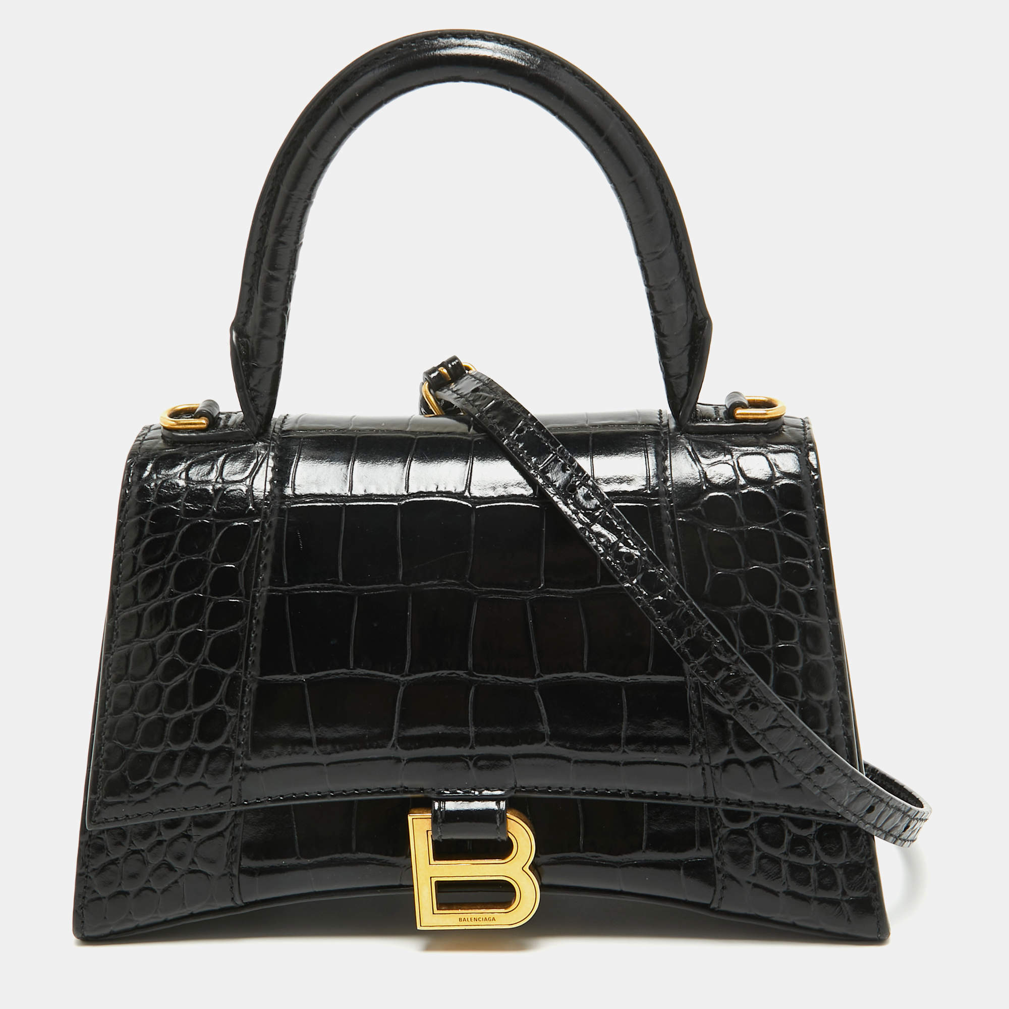 مملوكة مسبقًا Balenciaga Black Croc Embossed Leather Small Hourglass Top Handle Bag