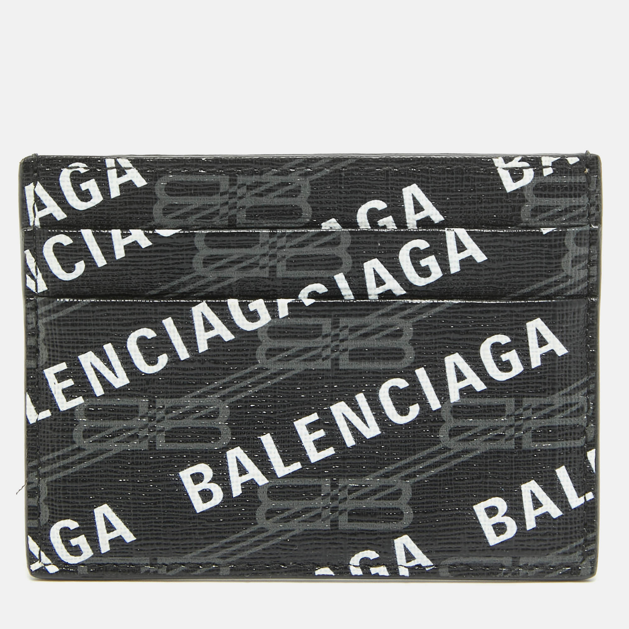 Pre Owned Balenciaga Black/White Printed Logo Leather Card Holder
