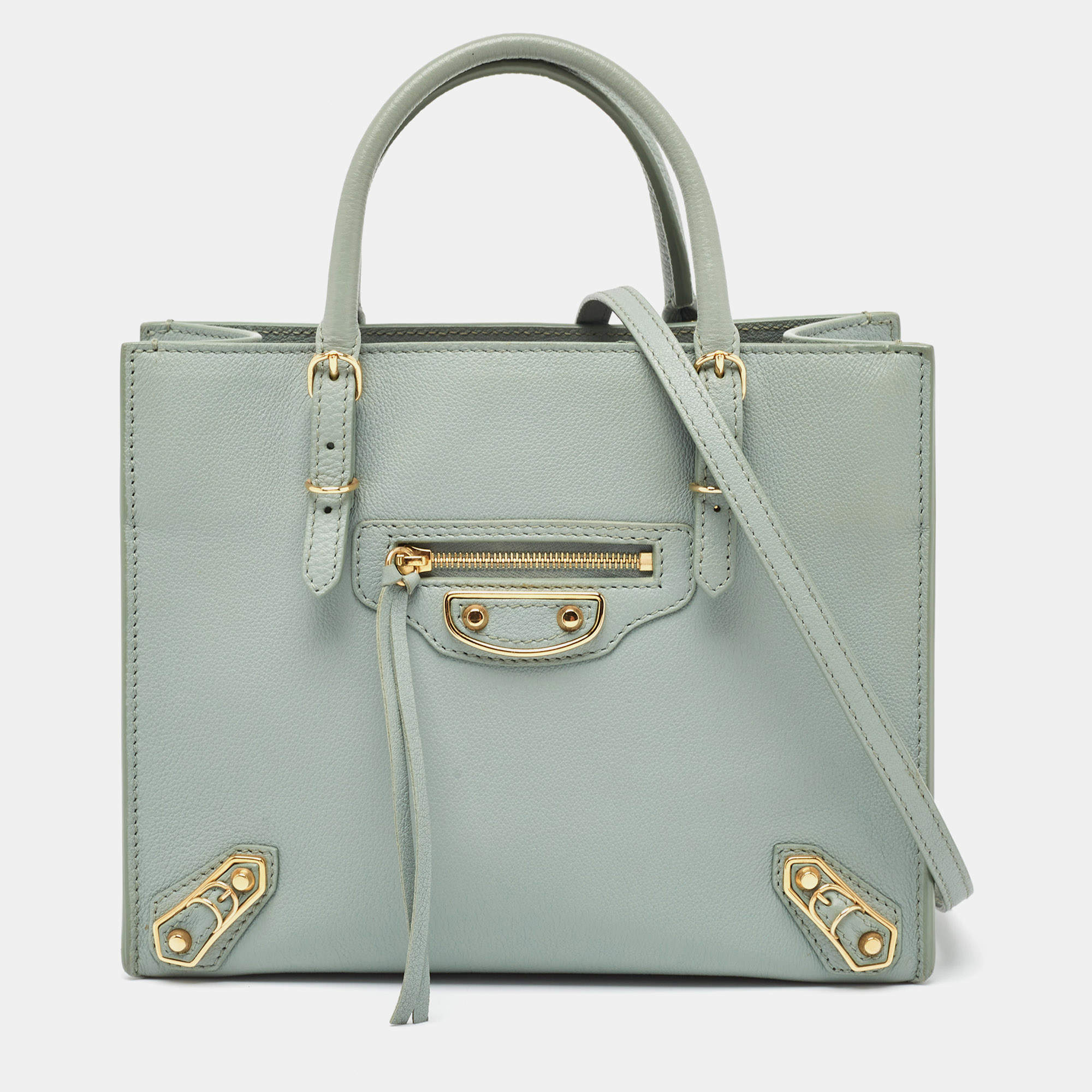 Pre Owned Balenciaga Light Green Leather Mini Papier A4 Tote