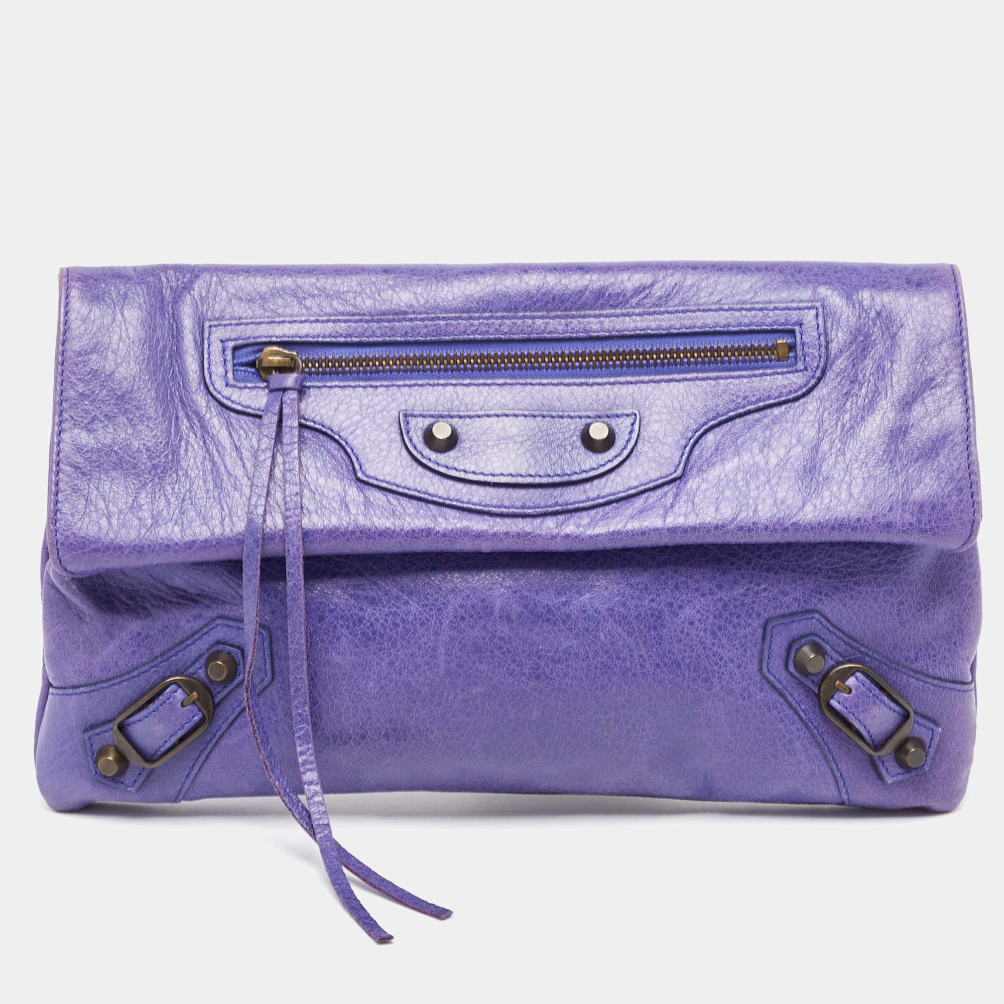 Pre Owned Balenciaga Purple Leather RH Envelope Clutch