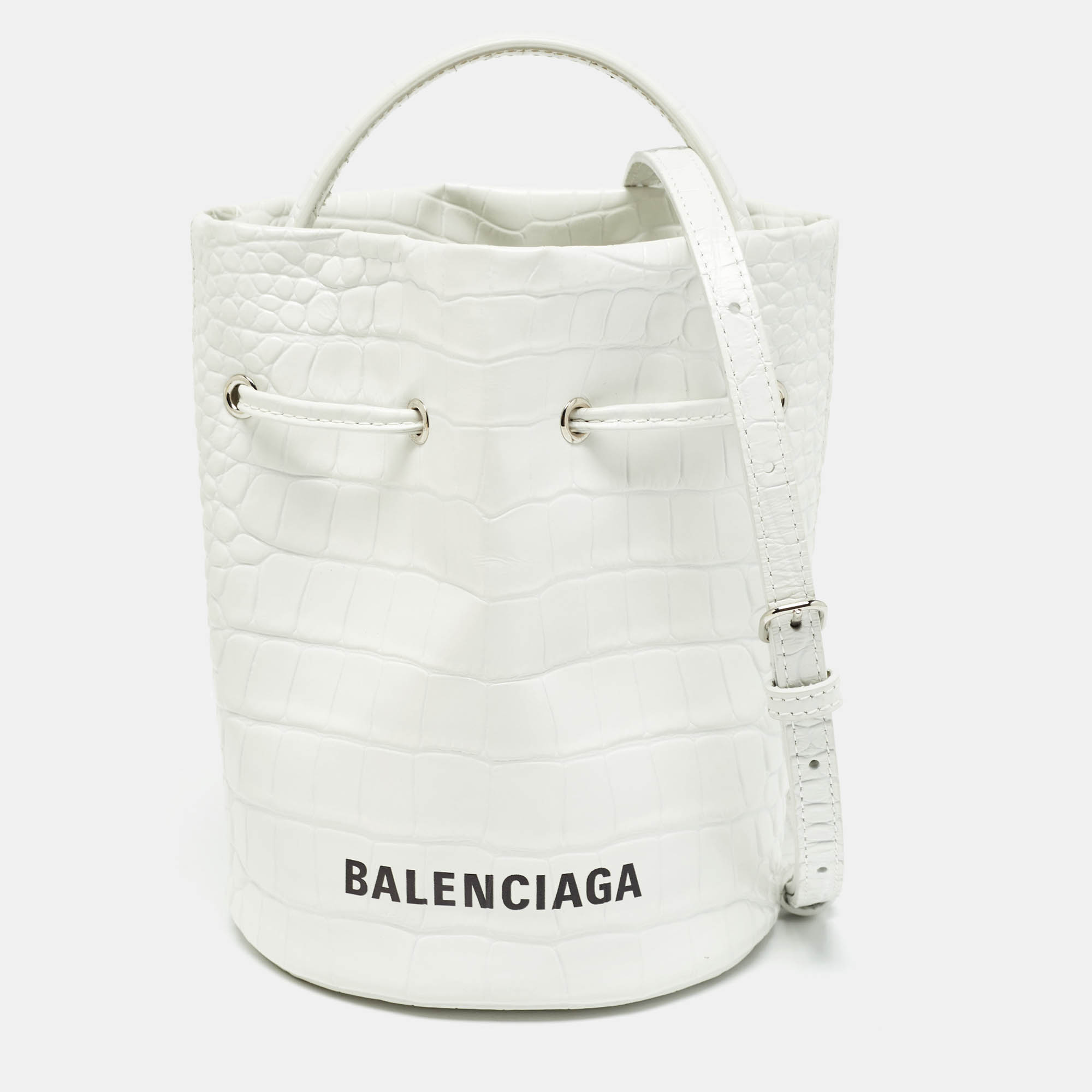 Pre Owned Balenciaga White Croc Embossed Leather XS Everyday Bucket Bag
