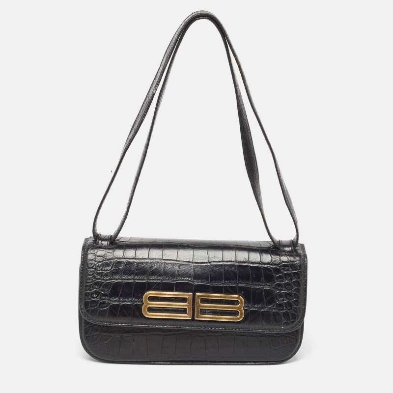 Balenciaga Black Croc Embossed Leather Small Gossip Shoulder