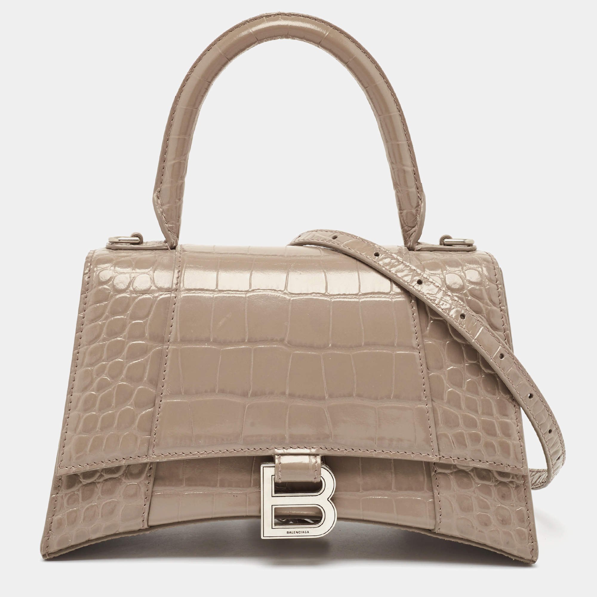 Pre Owned Balenciaga Dark Beige Croc Embossed Leather Small Hourglass Top Handle Bag