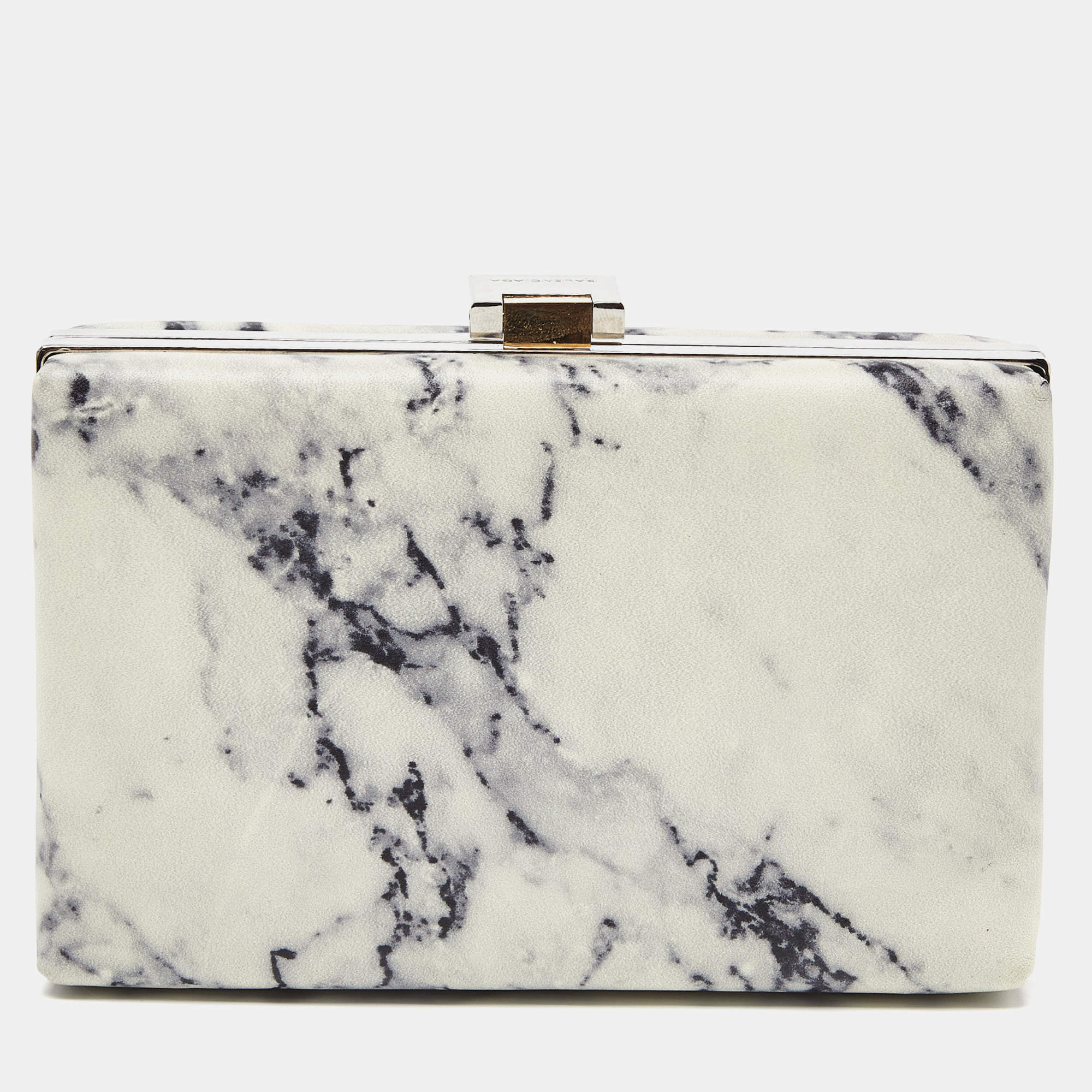 Balenciaga Off White/Black Marble Leather Le Dix Minaudiere Box Clutch 