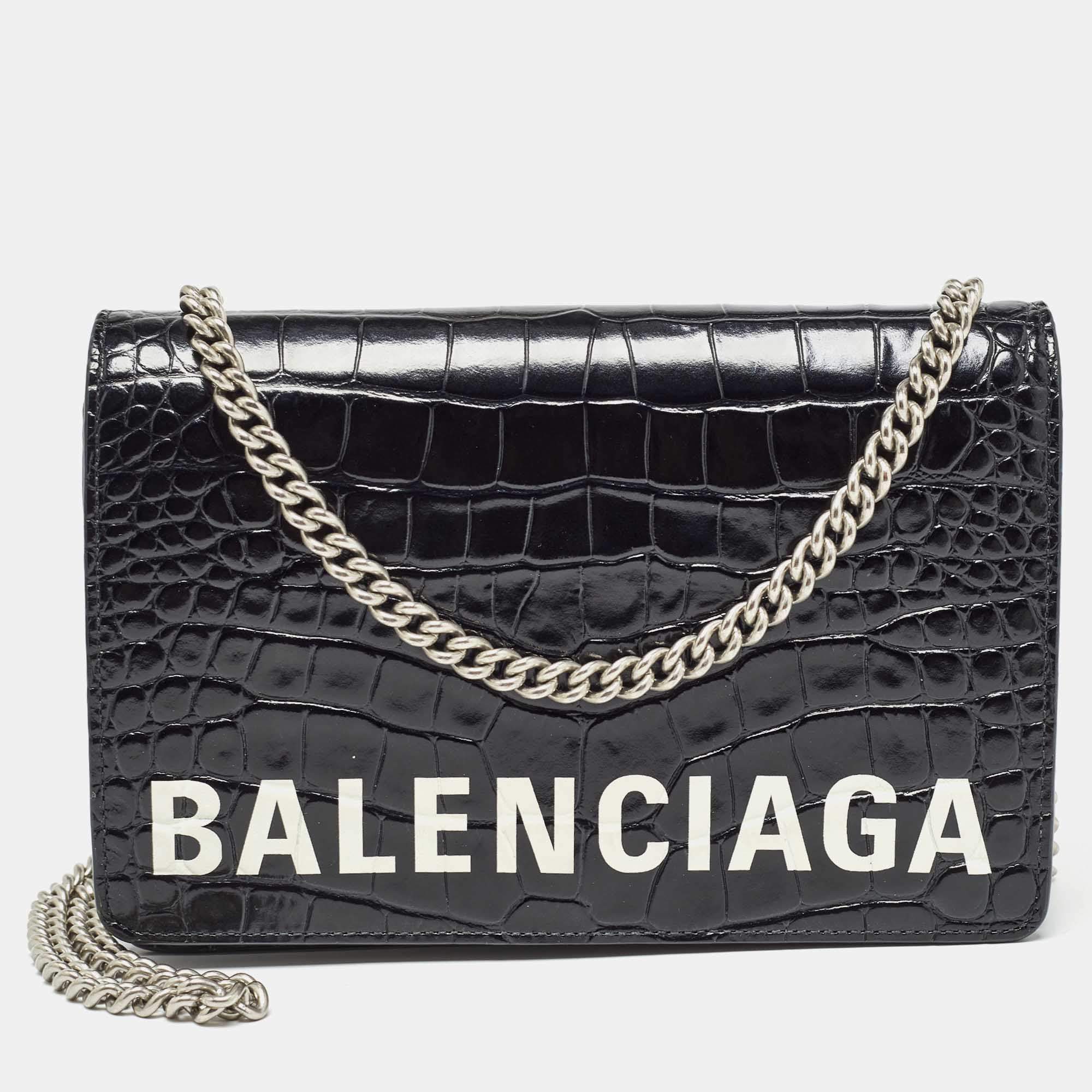 Pre Owned Balenciaga Black Croc Embossed Leather Ville Chain Clutch