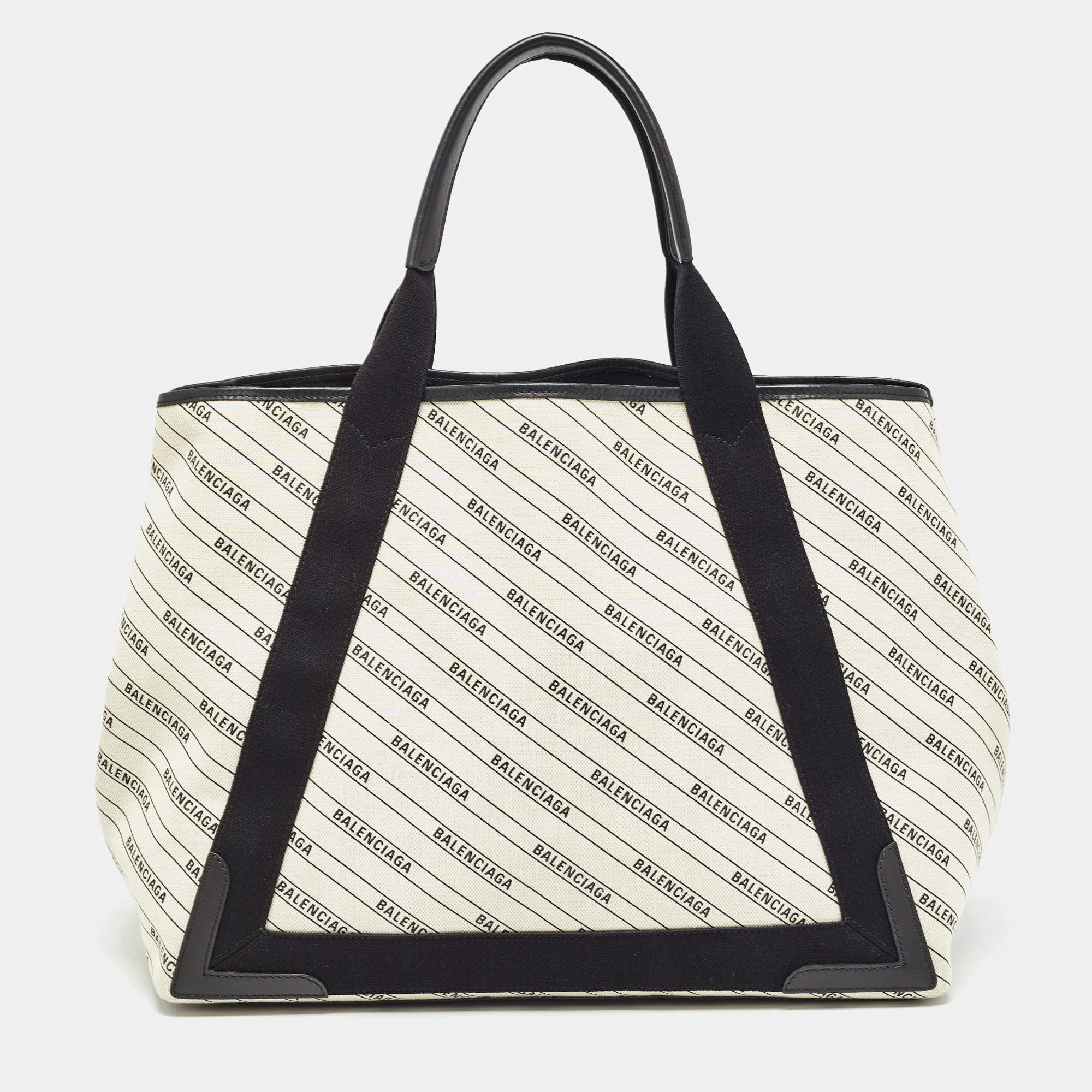 Pre Owned Balenciaga Beige/Black Canvas and Leather M Navy Cabas Tote