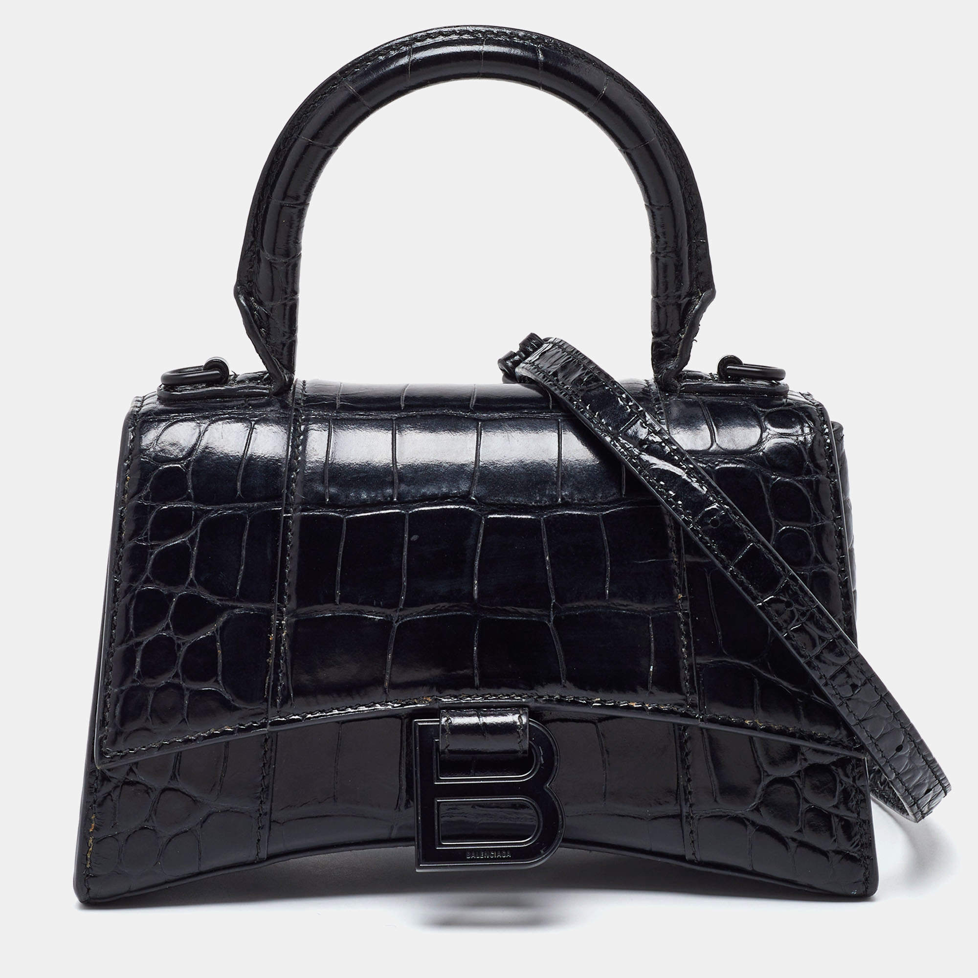 Pre Owned Balenciaga Black Croc Embossed Leather XS Hourglass Top Handle Bag