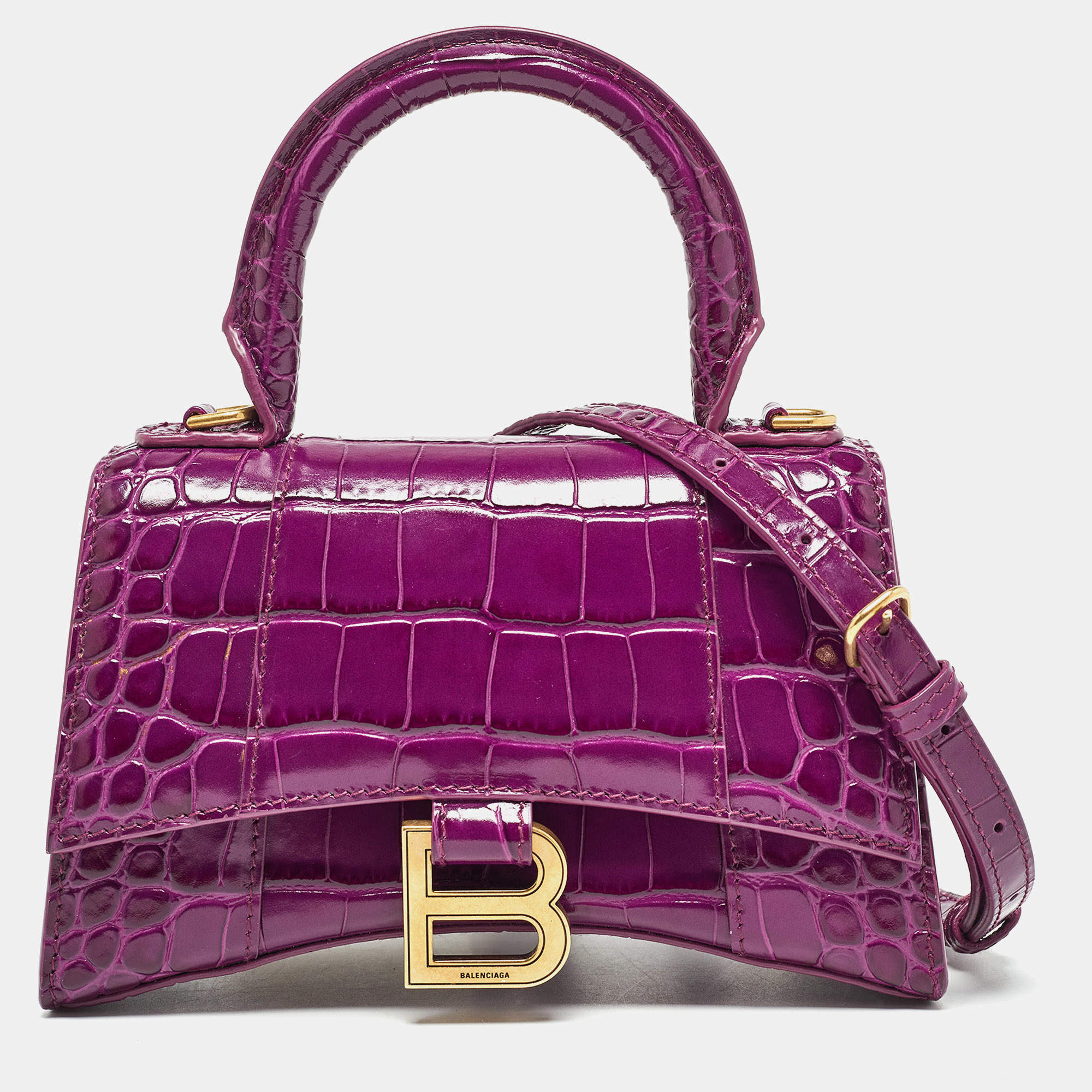 Pre Owned Balenciaga Purple Croc Embossed Leather XS Hourglass Top Handle Bag