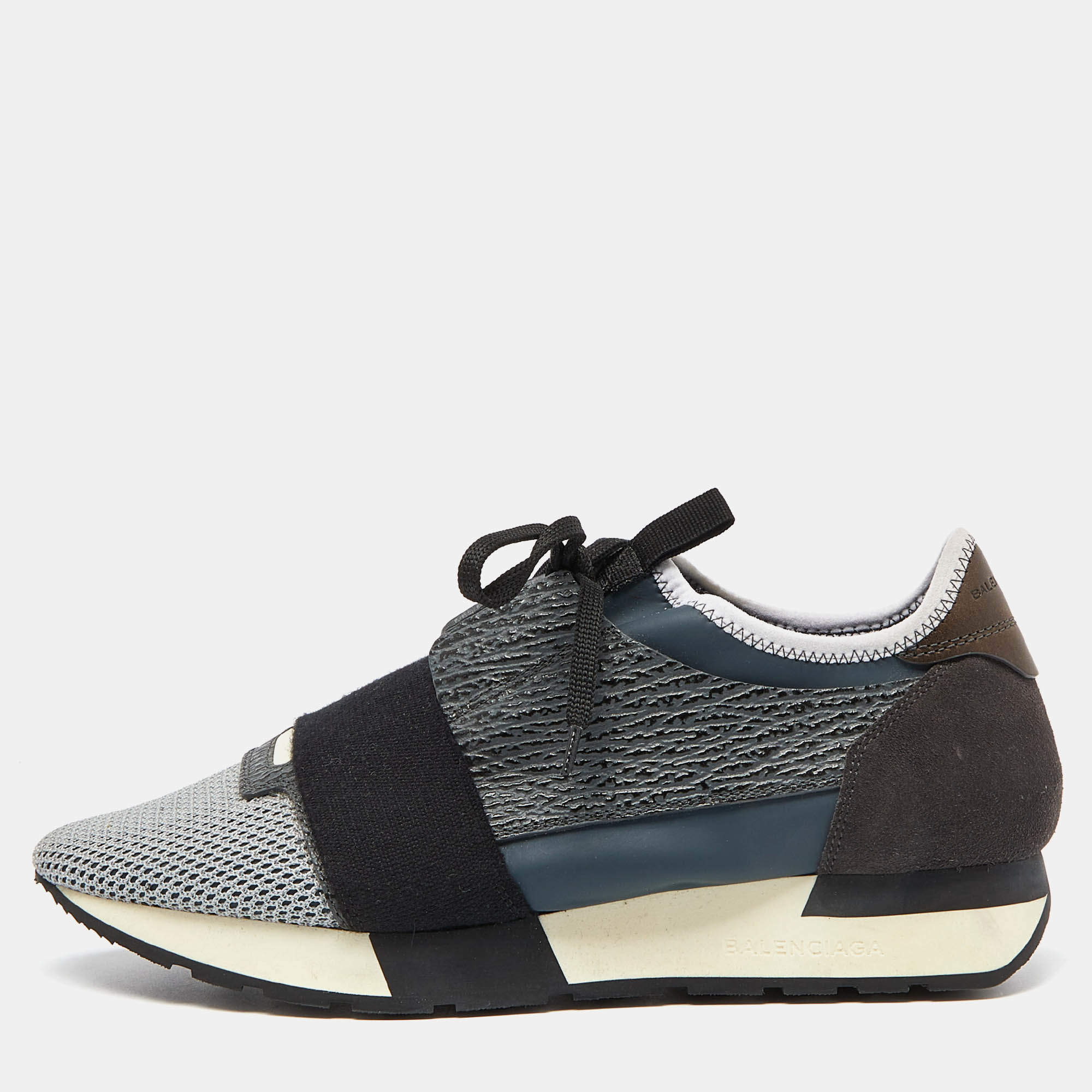 مملوكة مسبقًا Balenciaga Tri Color Leather, Mesh and Suede Race Runner Sneakers Size 39