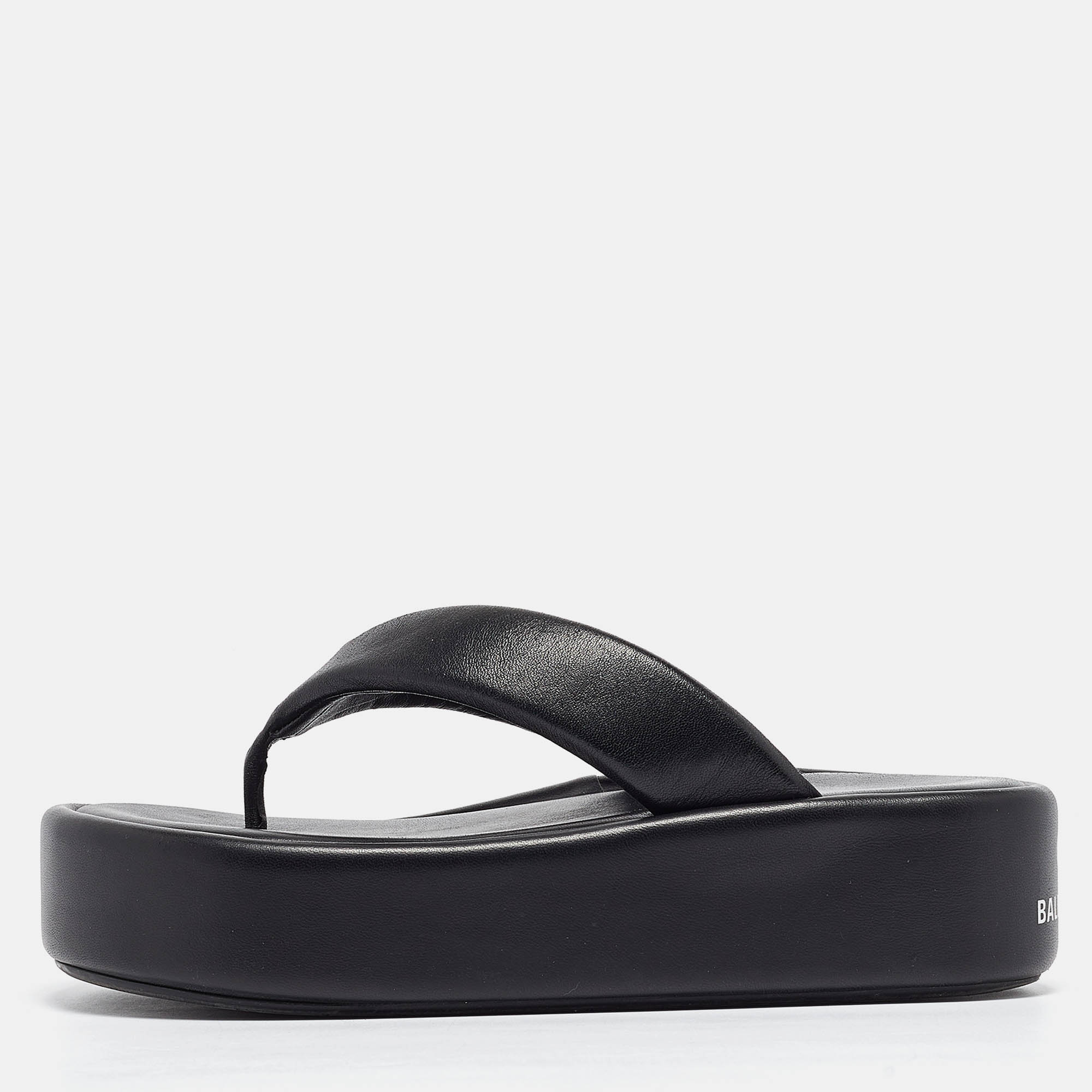 Pre Owned Balenciaga Black Leather Thong Platform Flats Size 40
