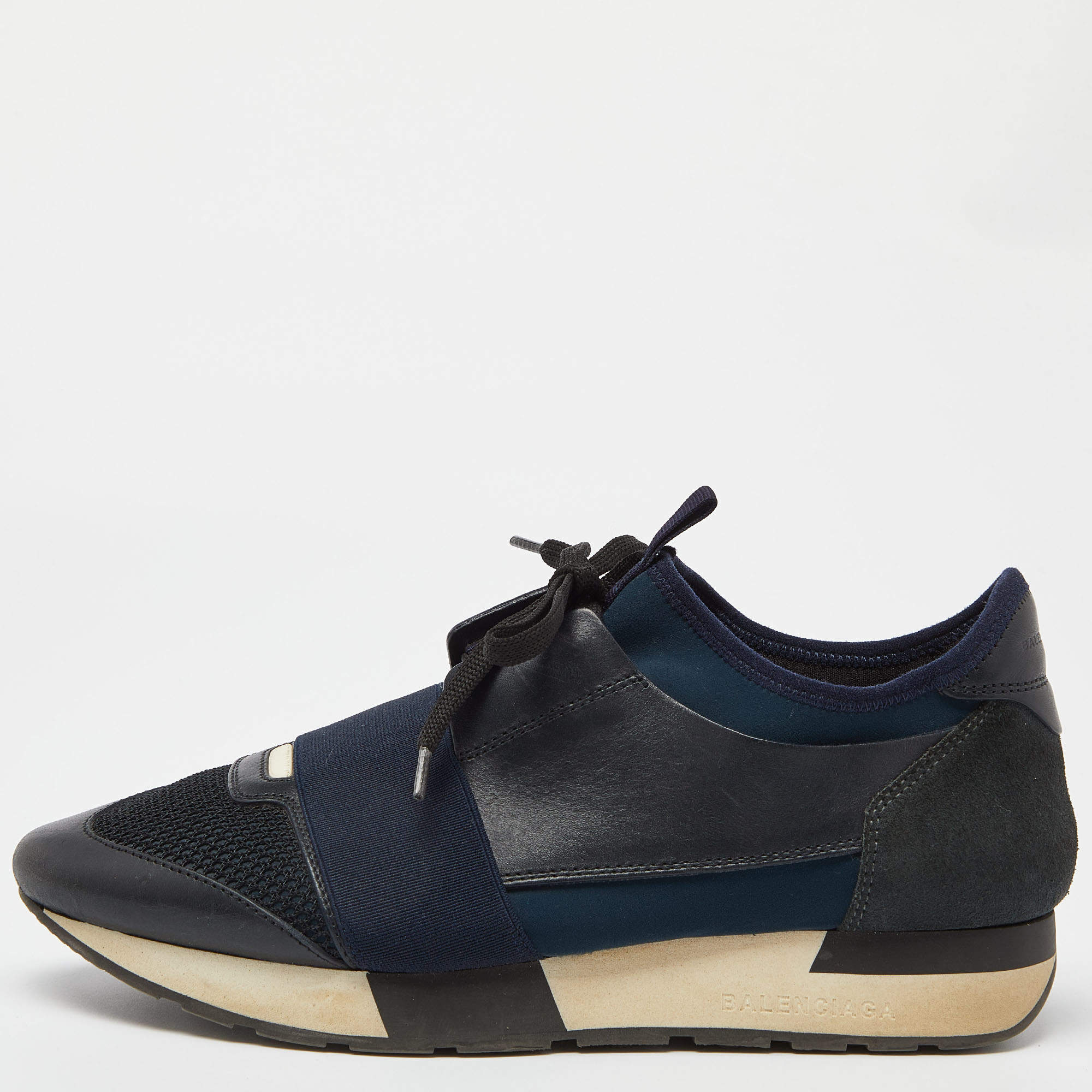 Balenciaga Blue Leather And Stretch Fabric Race Runner Low Top Sneakers Size 39