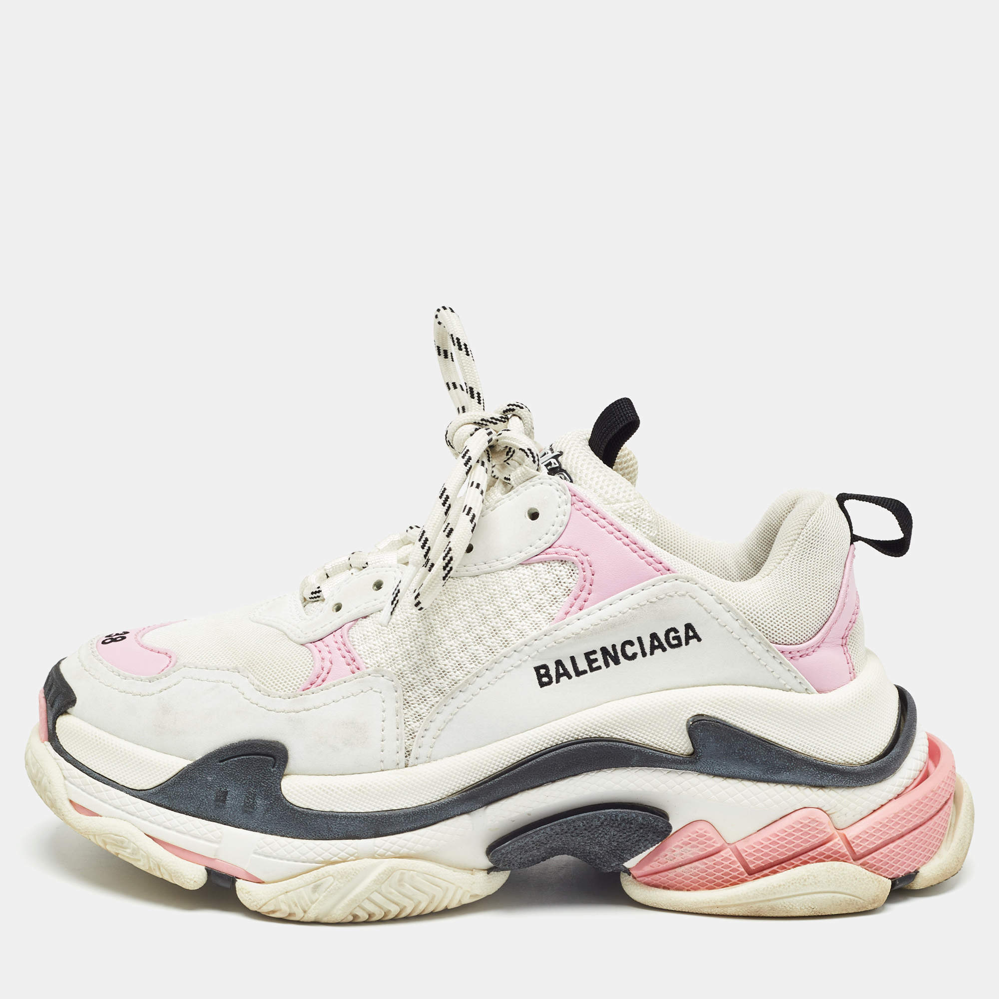 Balenciaga White Pink Mesh and Faux Leather Triple S Sneakers Size 38 Balenciaga TLC