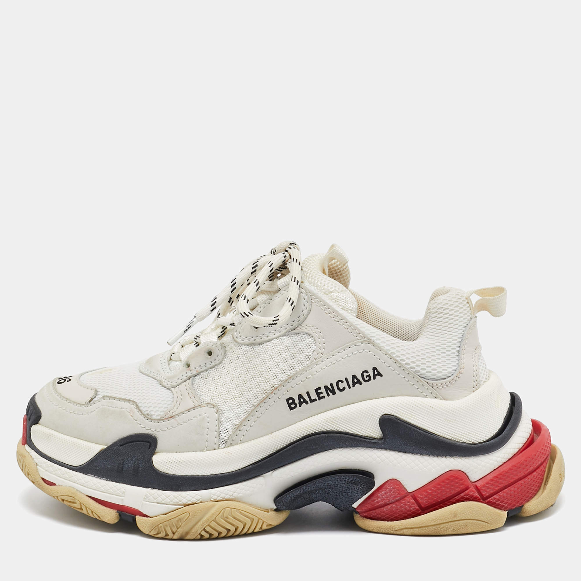 Pre Owned Balenciaga White/Grey Mesh and Nubuck Leather Triple S Sneakers Size 36