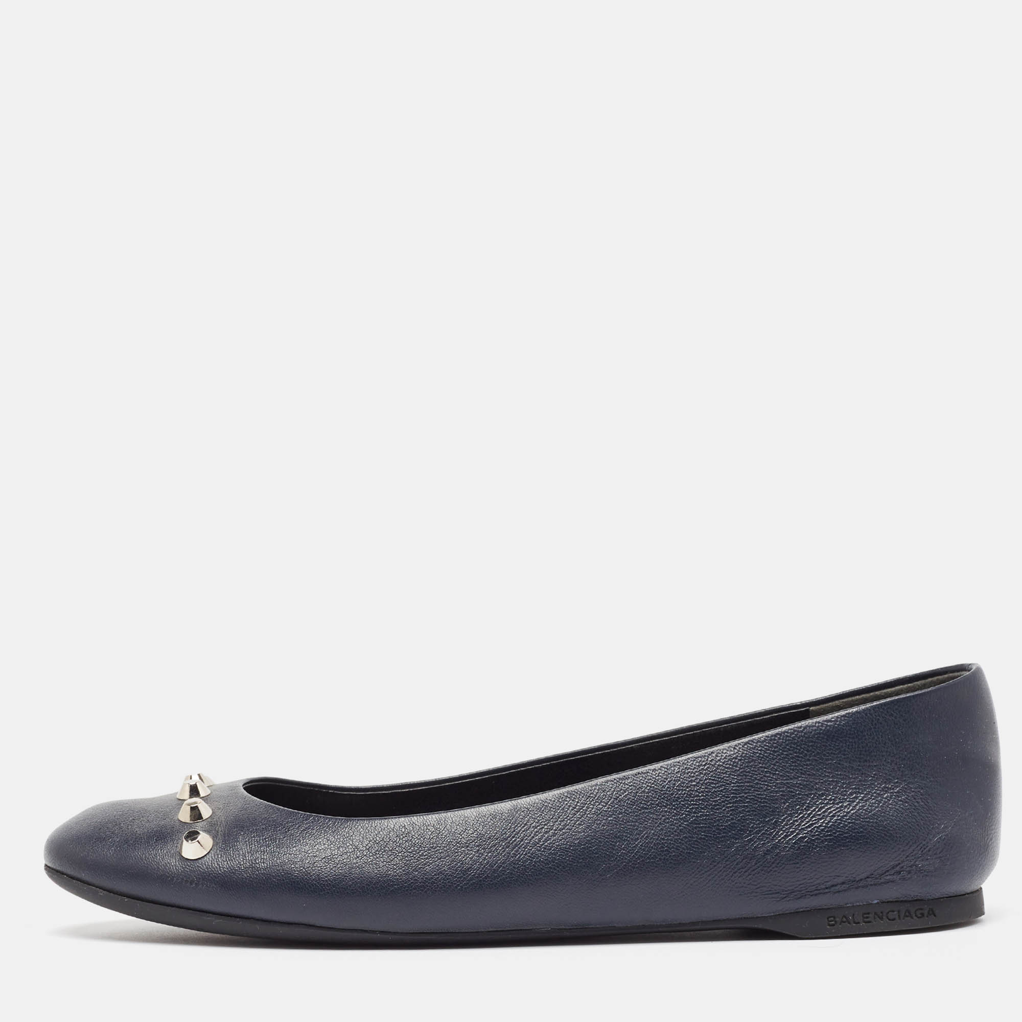 Pre Owned Balenciaga Navy Blue Leather Ballet Flats Size 38