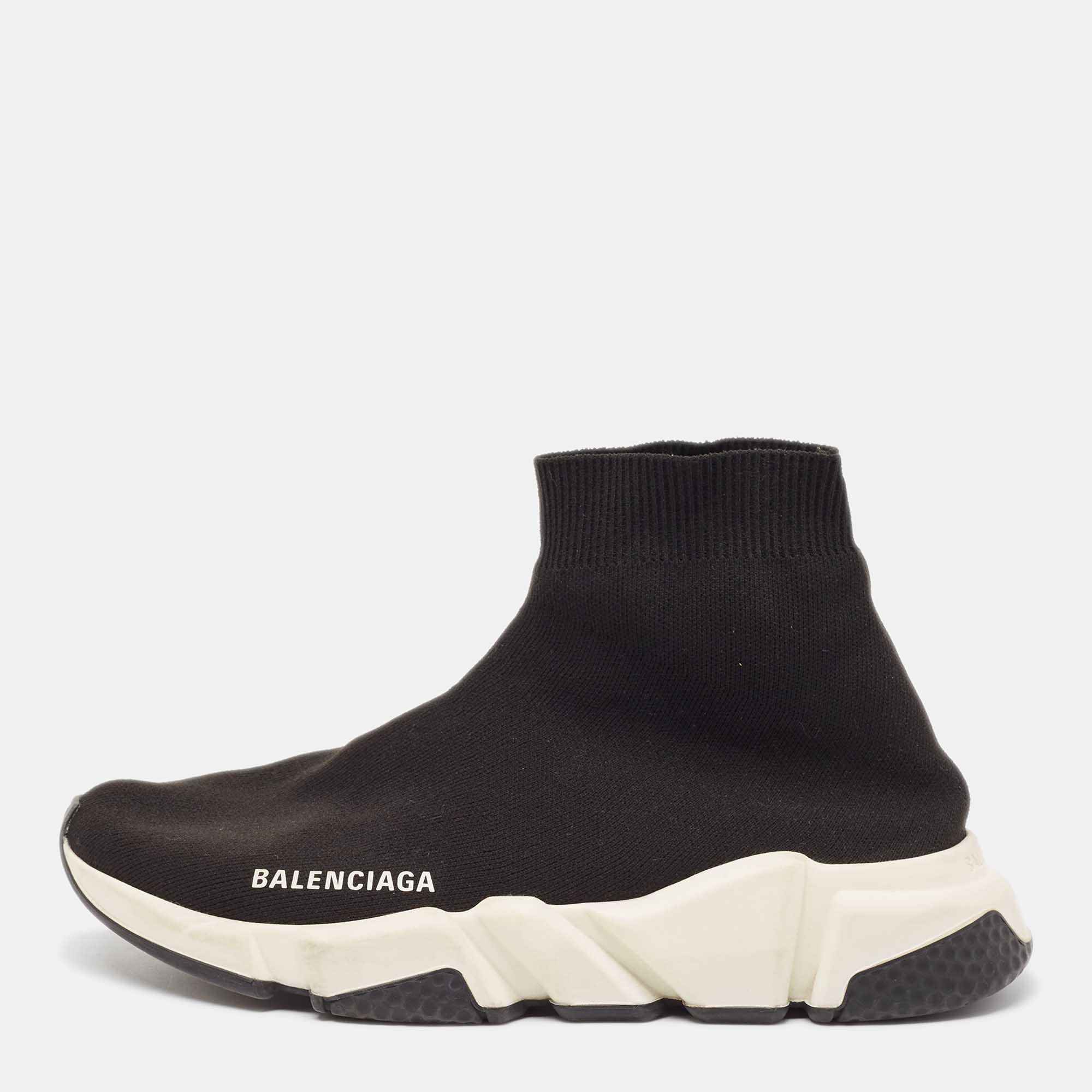 Balenciaga Black Knit Fabric Speed Trainer High Top Sneakers Size 38