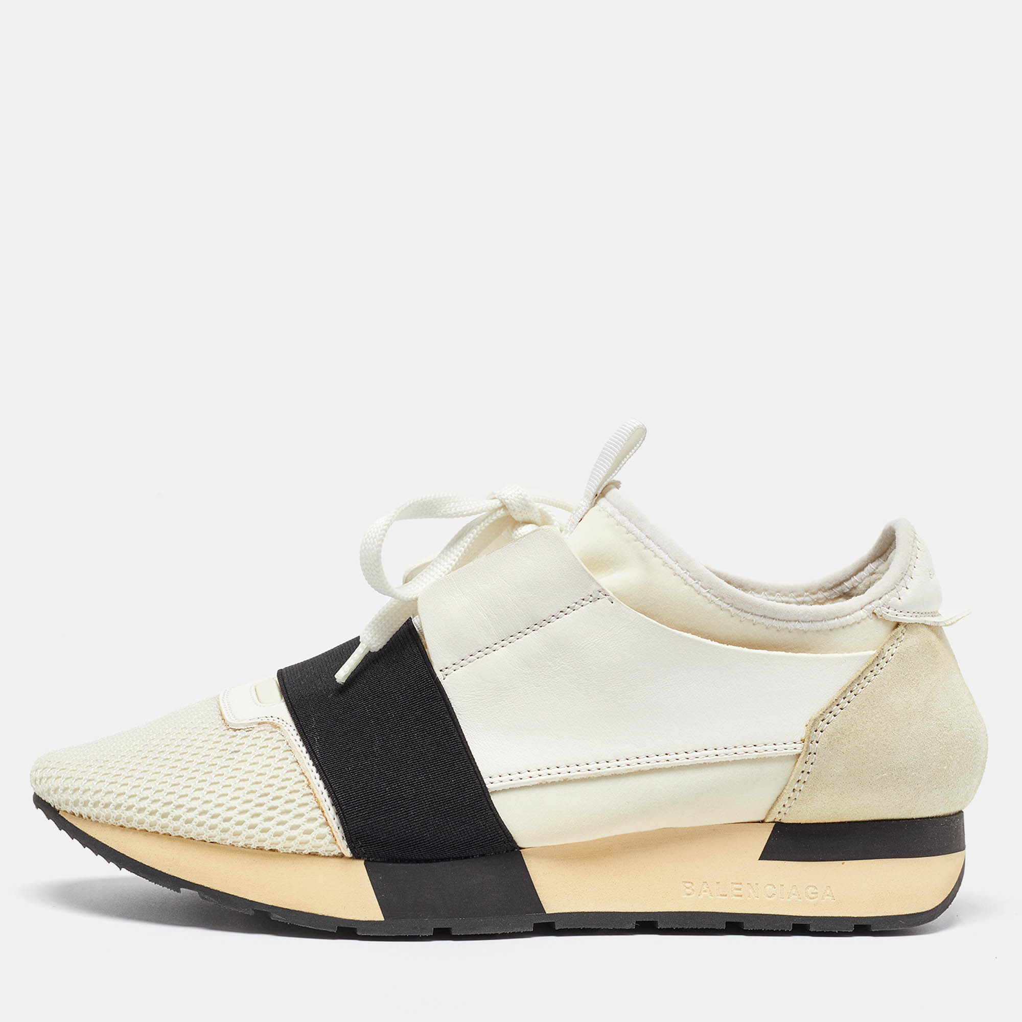 Pre Owned Balenciaga White Leather and Mesh Race Runner Sneakers Size 38