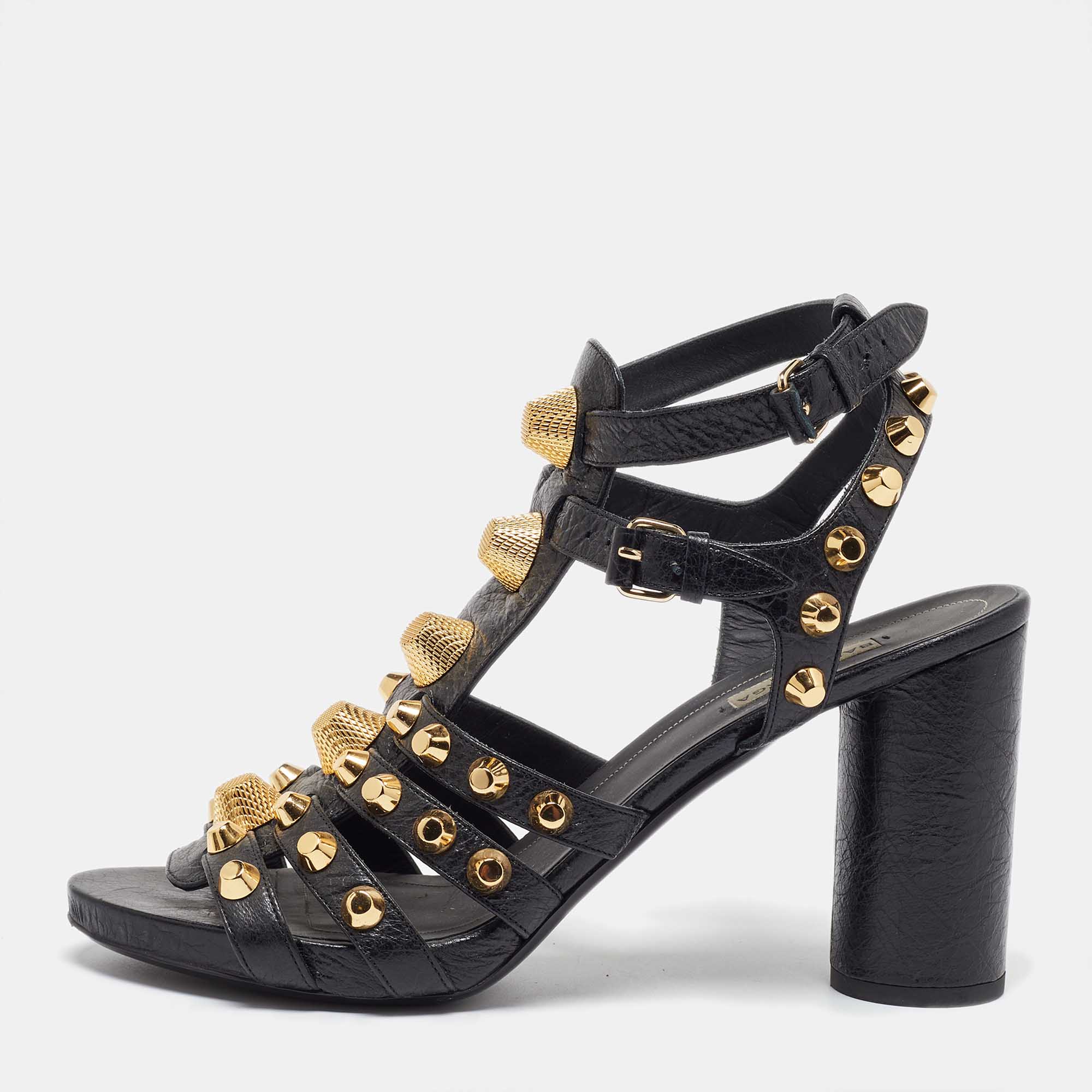 Pre Owned Balenciaga Black Leather Studded Ankle Strap Sandals Size 41