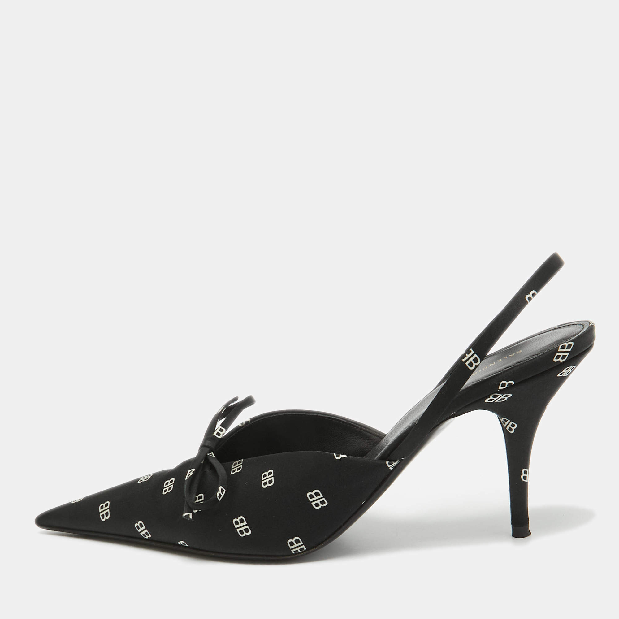 Pre Owned Balenciaga Black BB Print Satin Knife Slingback Pumps Size 38