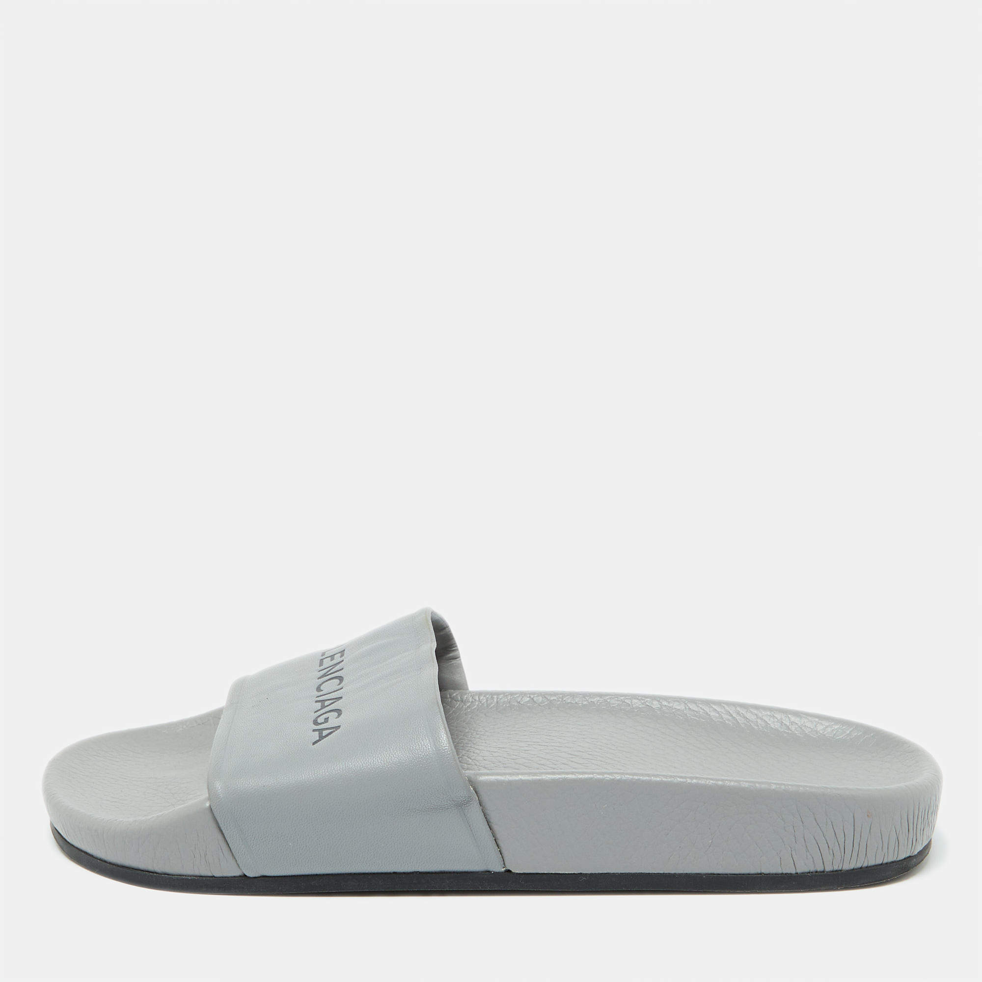 Balenciaga Grey Leather Flat Slides Size 35