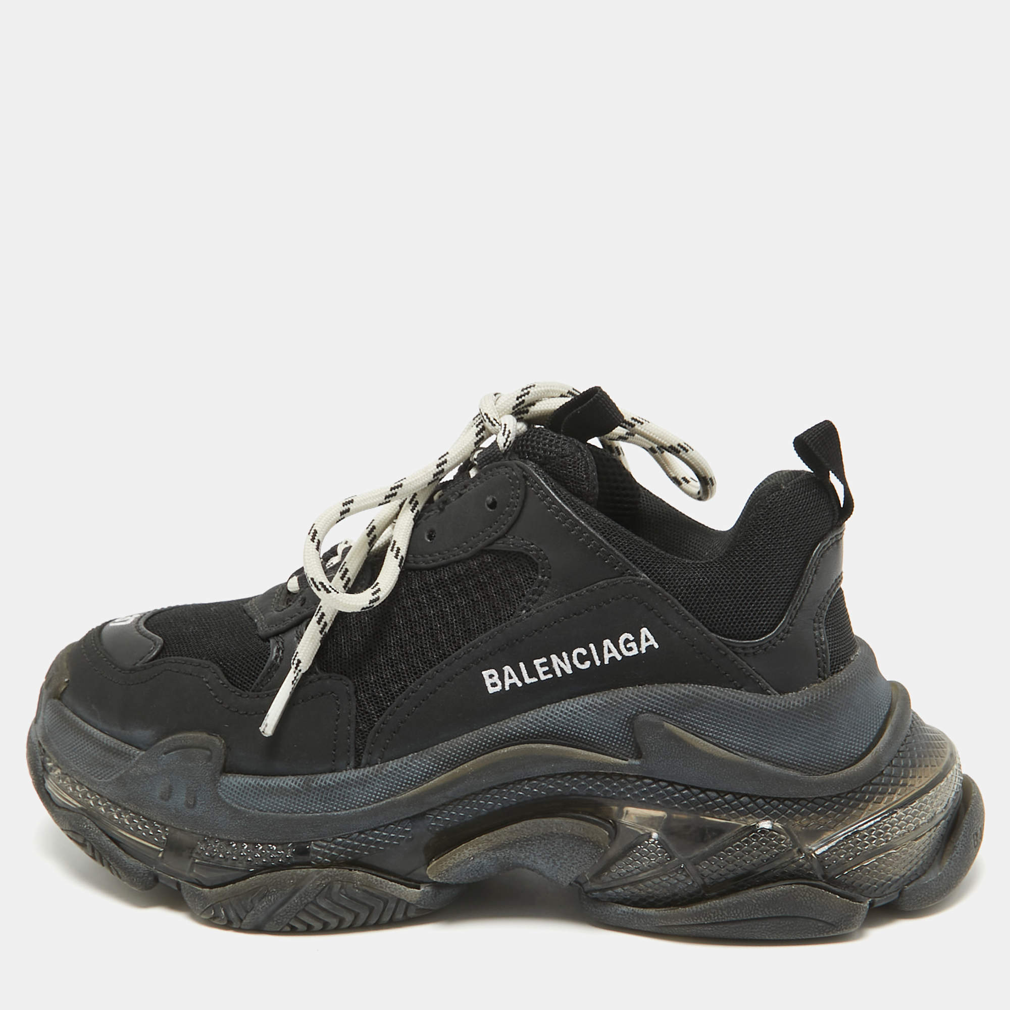 Balenciaga Black Faux Leather and Mesh Triple S Clear Sole Sneakers Size 37