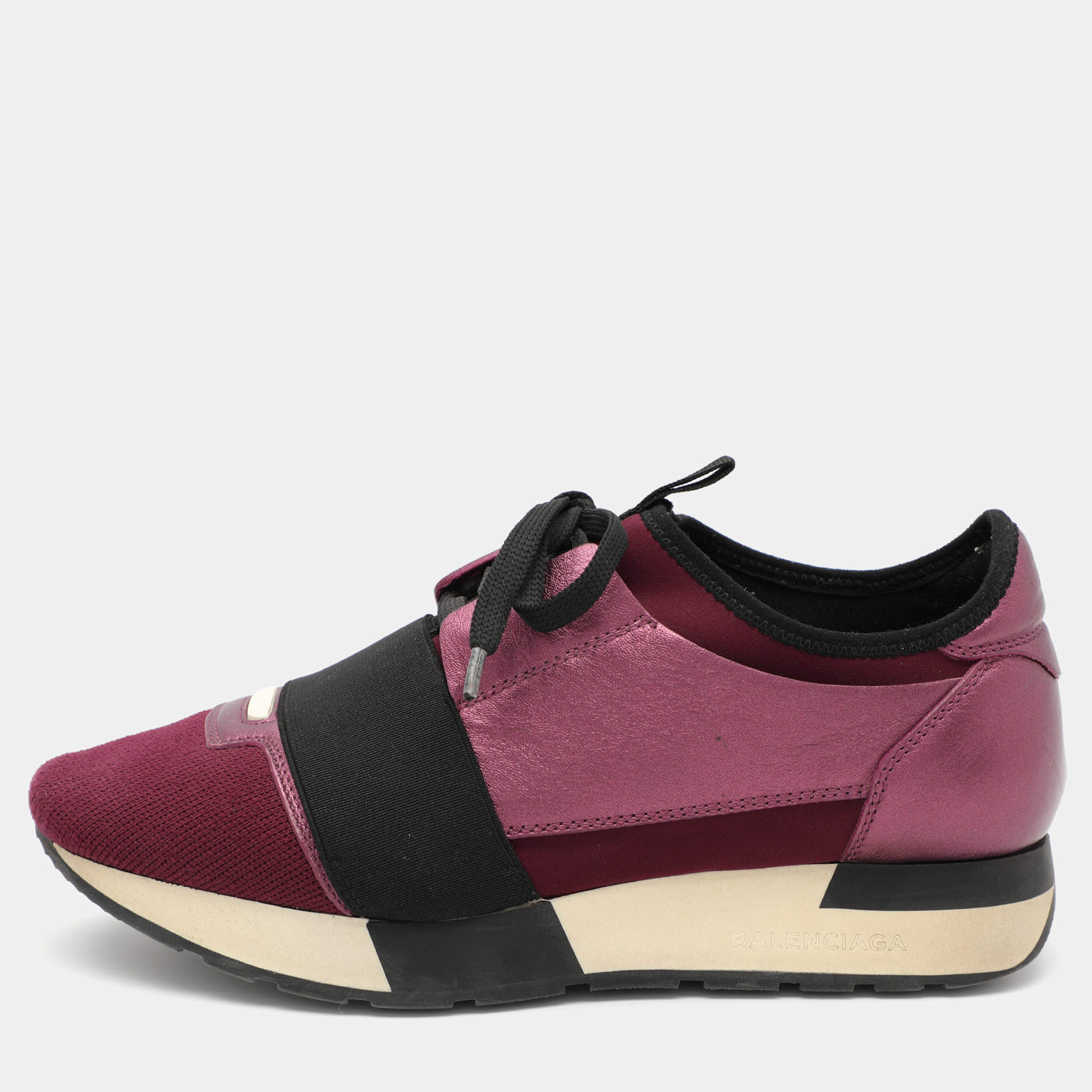 Pre Owned Balenciaga Purple Knit Fabric and Leather Race Runner Sneakers Size 36