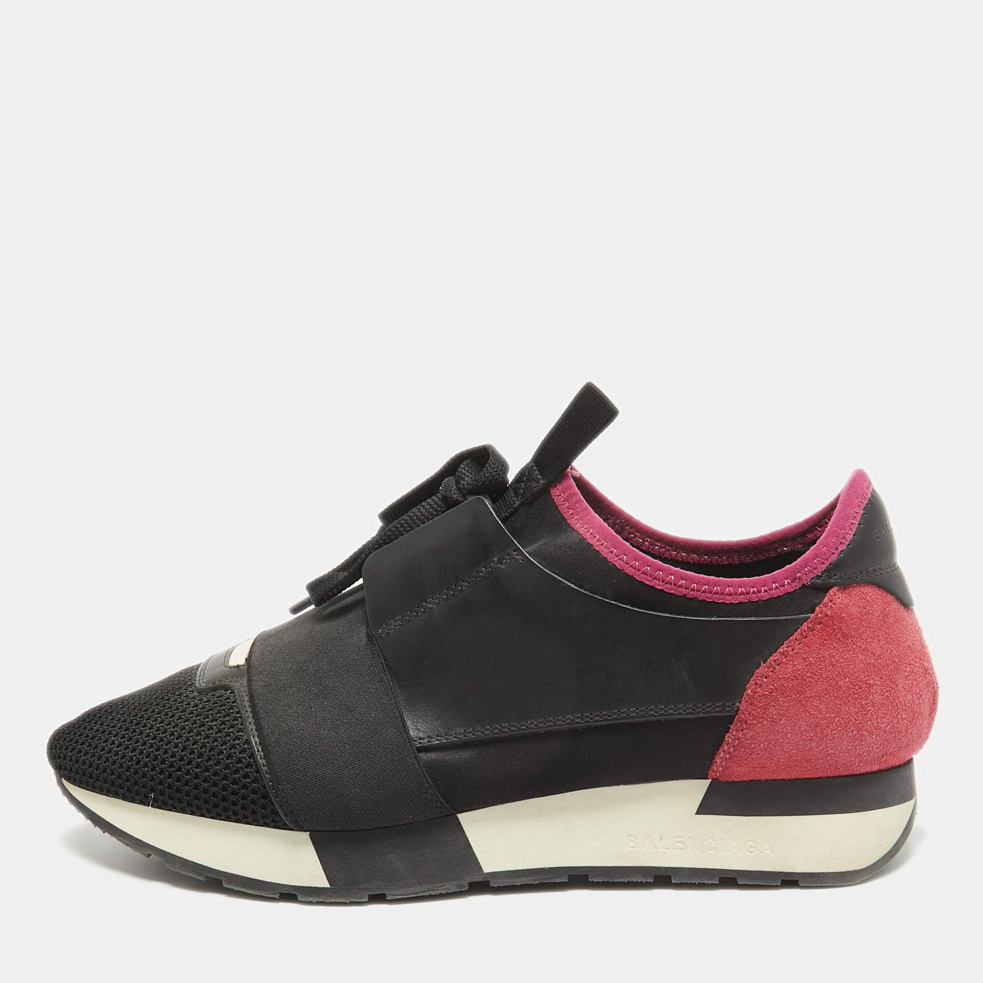 Balenciaga Black Leather and Mesh Race Runner Lace Up Sneakers Size 39