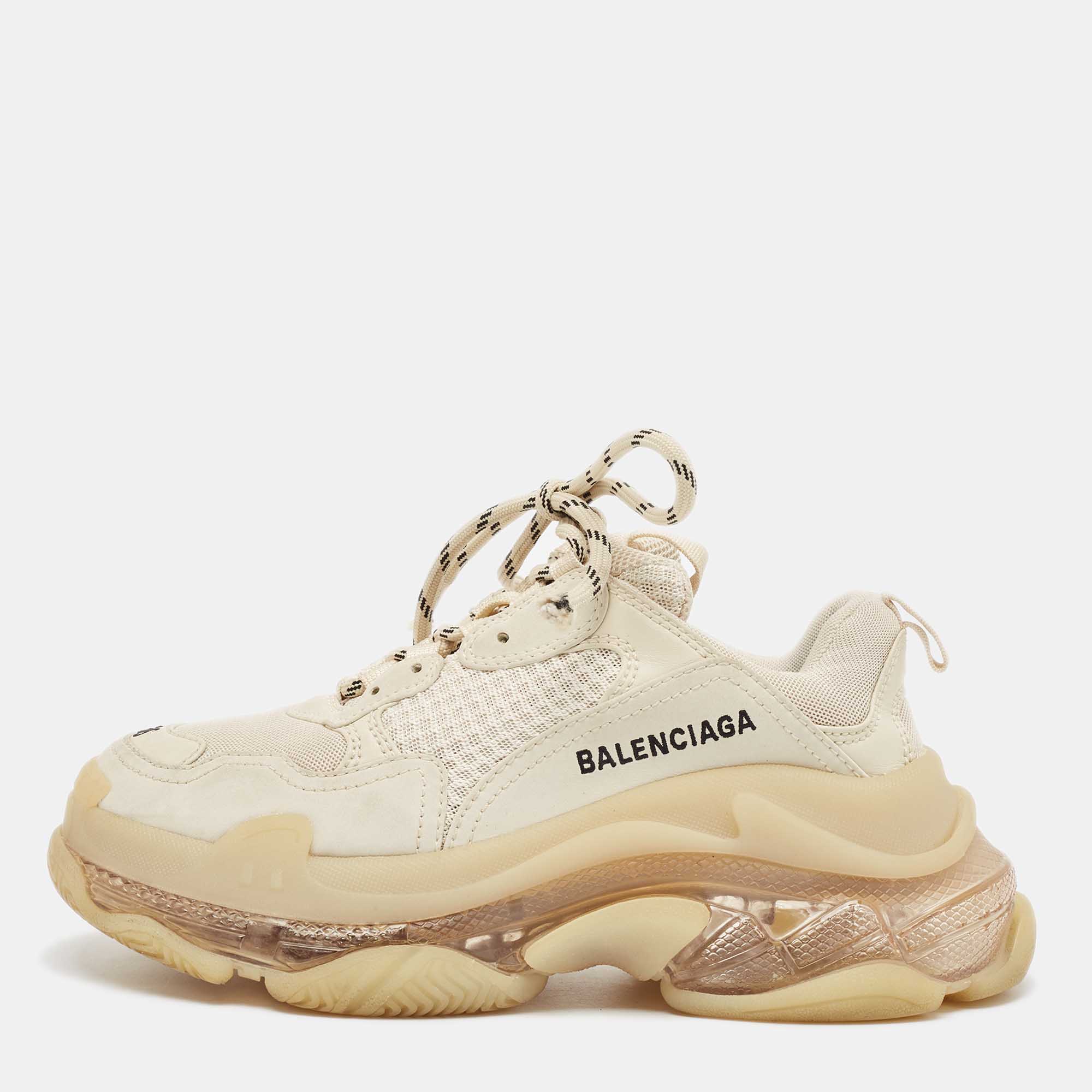 Balenciaga Beige Mesh and Faux Leather Triple S Sneakers Size 36