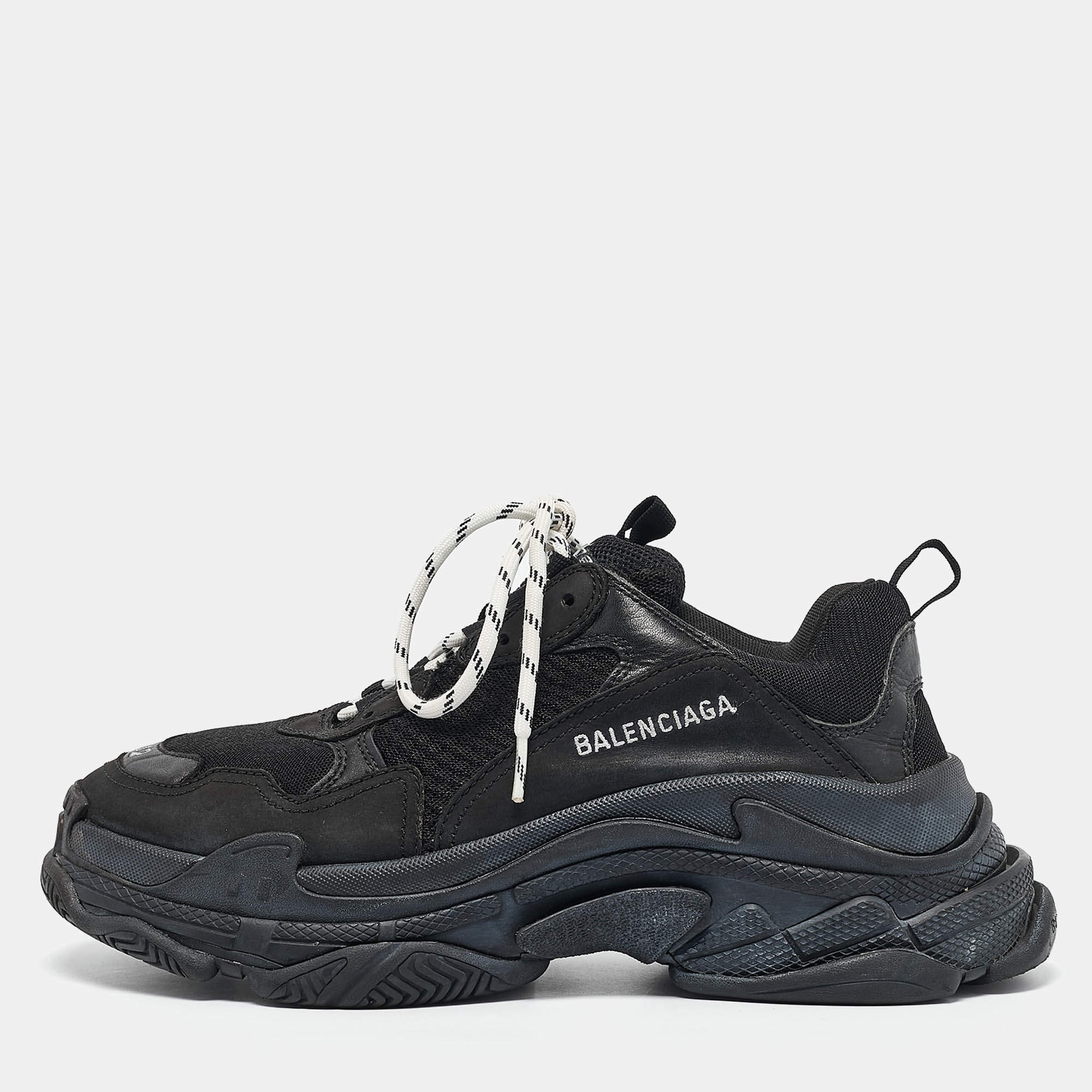 Pre Owned Balenciaga Black Mesh and Nubuck Triple S Lace Up Sneakers Size 42